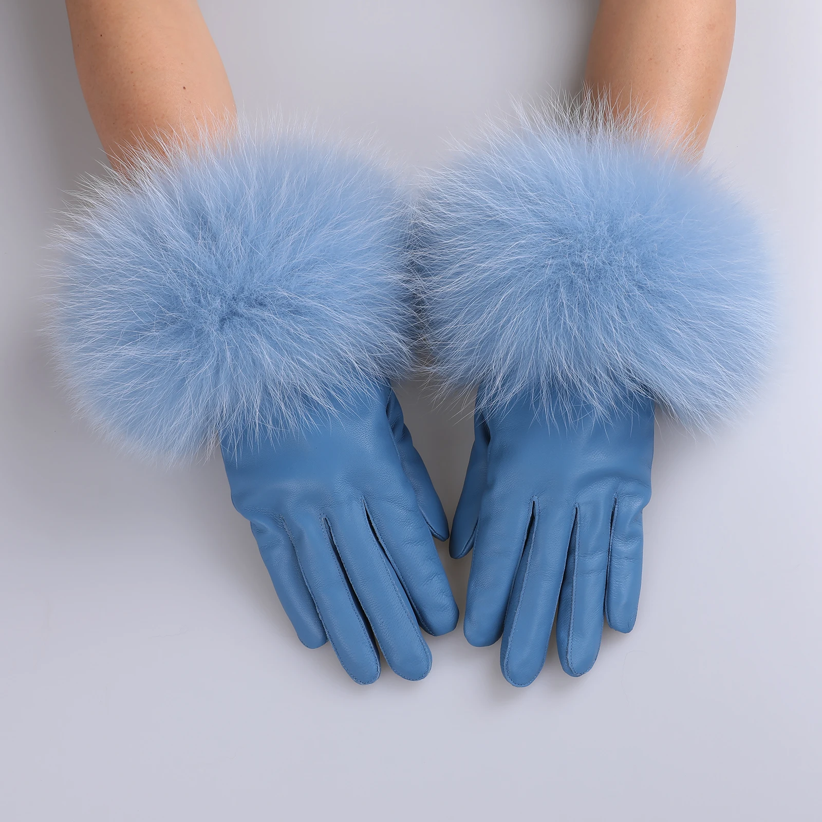 BOONJOVIA Women Genuine Lambskin Leather Gloves With Real Fox Fur Trim Cuff Winter Warm Driving Gloves-Velvet Lined