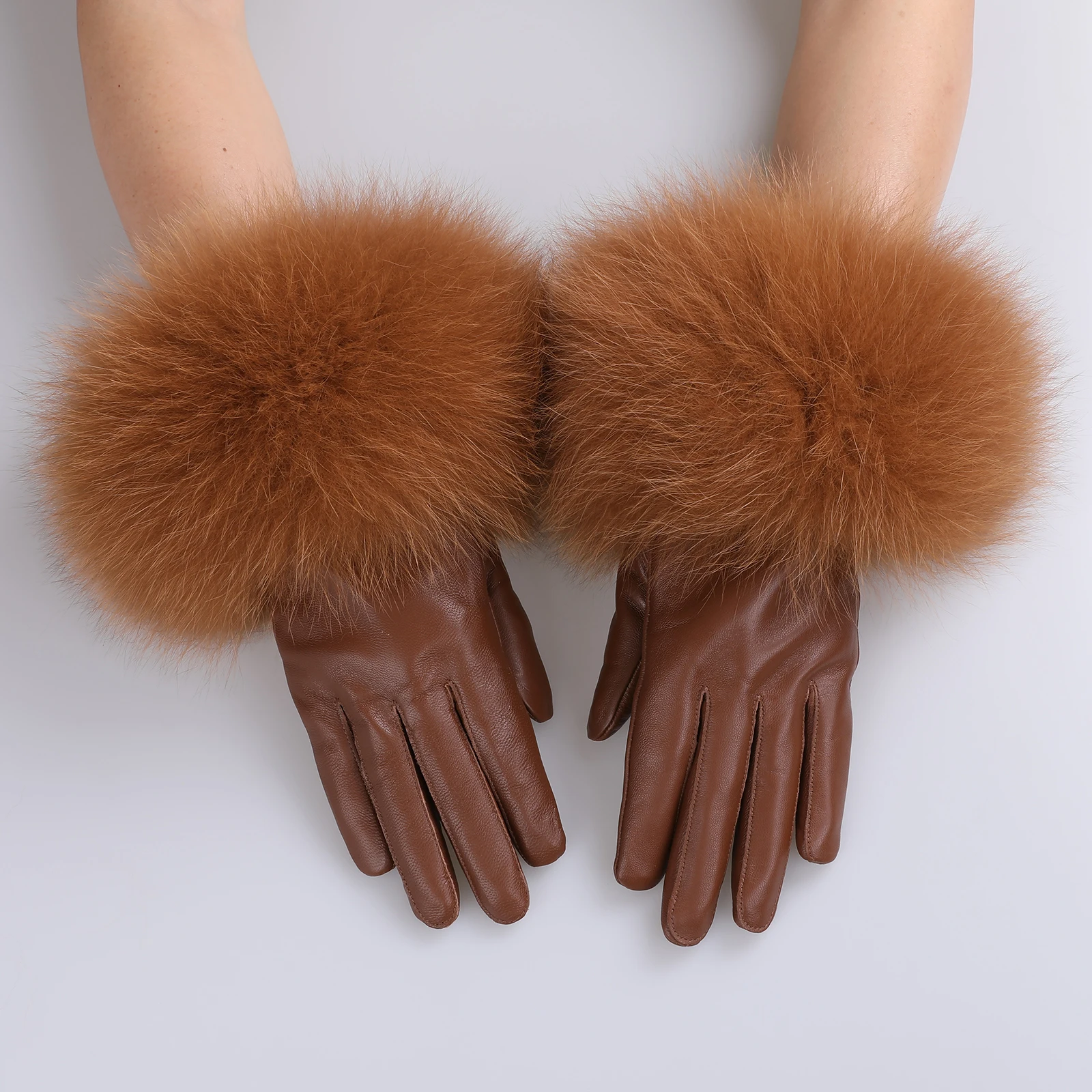 BOONJOVIA Women Genuine Lambskin Leather Gloves With Real Fox Fur Trim Cuff Winter Warm Driving Gloves-Velvet Lined