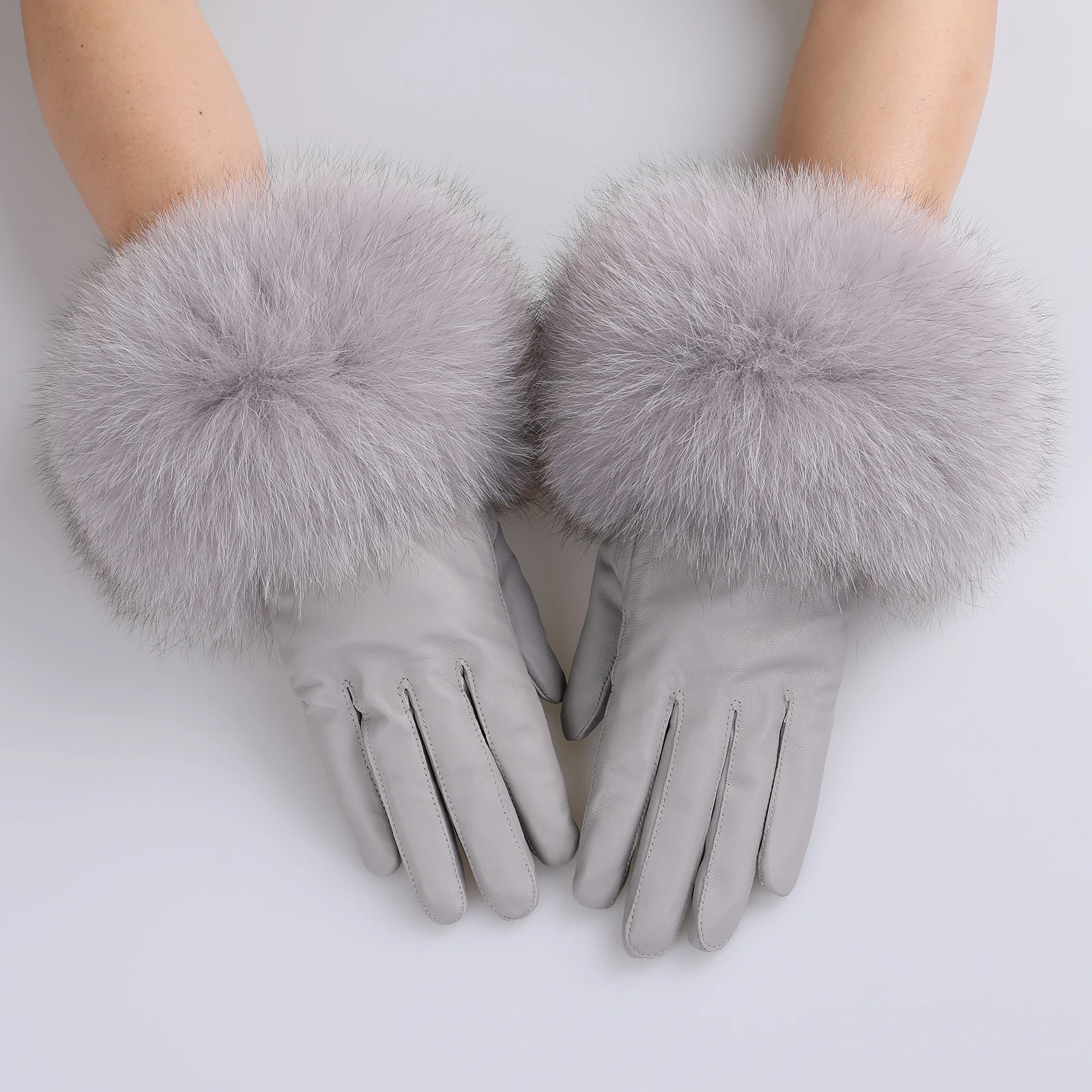 BOONJOVIA Women Genuine Lambskin Leather Gloves With Real Fox Fur Trim Cuff Winter Warm Driving Gloves-Velvet Lined