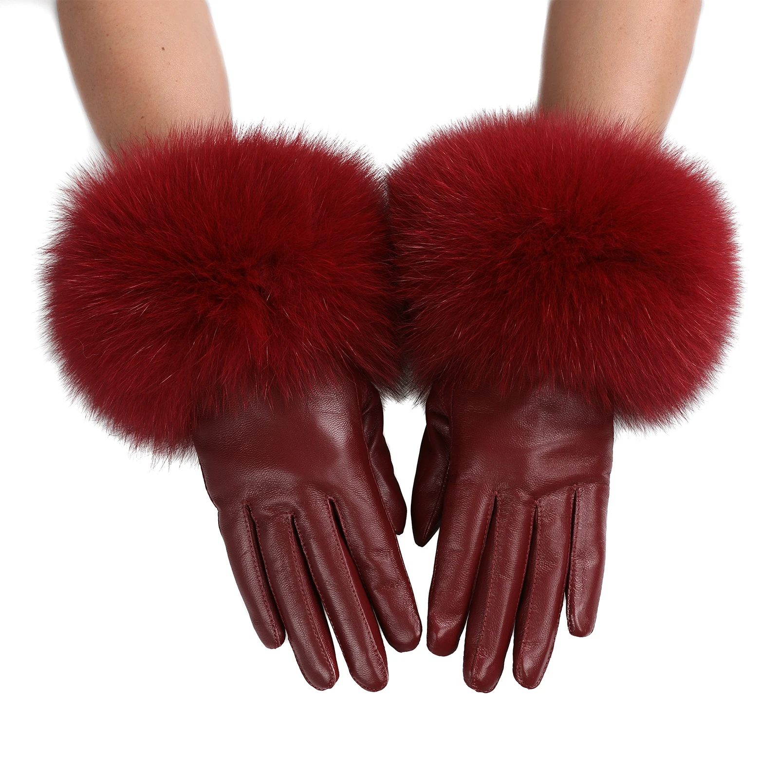 BOONJOVIA Women Genuine Lambskin Leather Gloves With Real Fox Fur Trim Cuff Winter Warm Driving Gloves-Velvet Lined