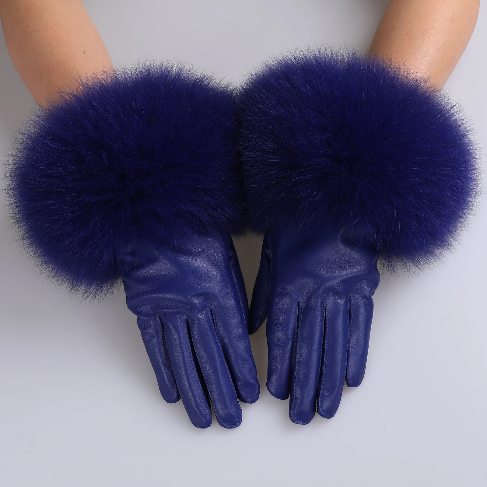 BOONJOVIA Women Genuine Lambskin Leather Gloves With Real Fox Fur Trim Cuff Winter Warm Driving Gloves-Velvet Lined
