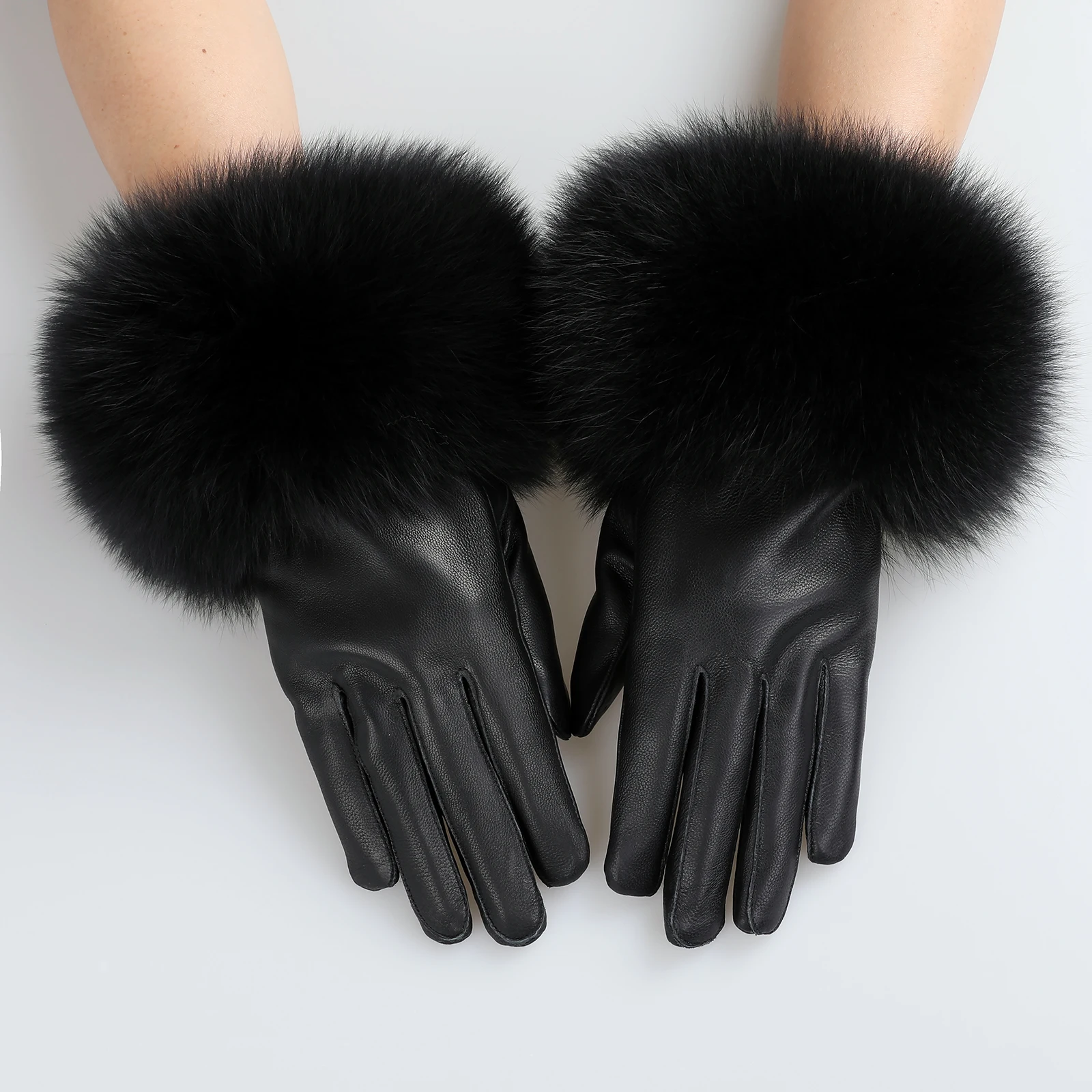 BOONJOVIA Women Genuine Lambskin Leather Gloves With Real Fox Fur Trim Cuff Winter Warm Driving Gloves-Velvet Lined