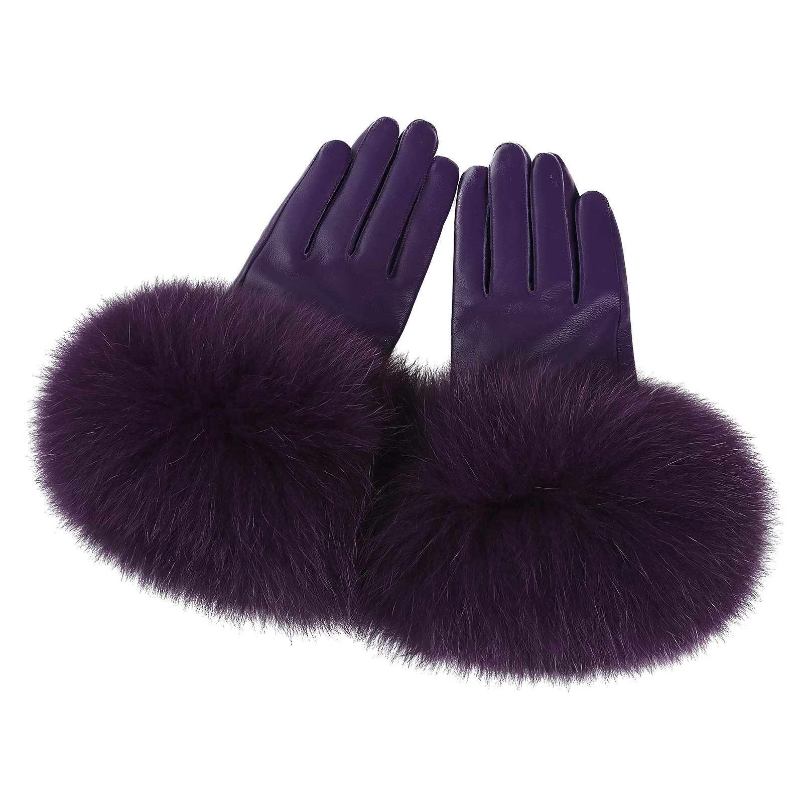 BOONJOVIA Women Genuine Lambskin Leather Gloves With Real Fox Fur Trim Cuff Winter Warm Driving Gloves-Velvet Lined