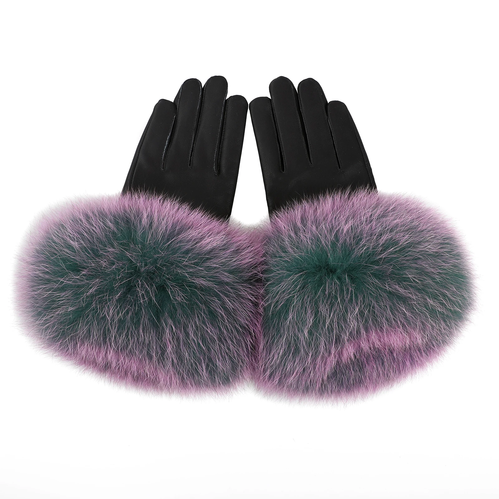 BOONJOVIA Women Genuine Lambskin Leather Gloves With Real Fox Fur Trim Cuff Winter Warm Driving Gloves-Velvet Lined