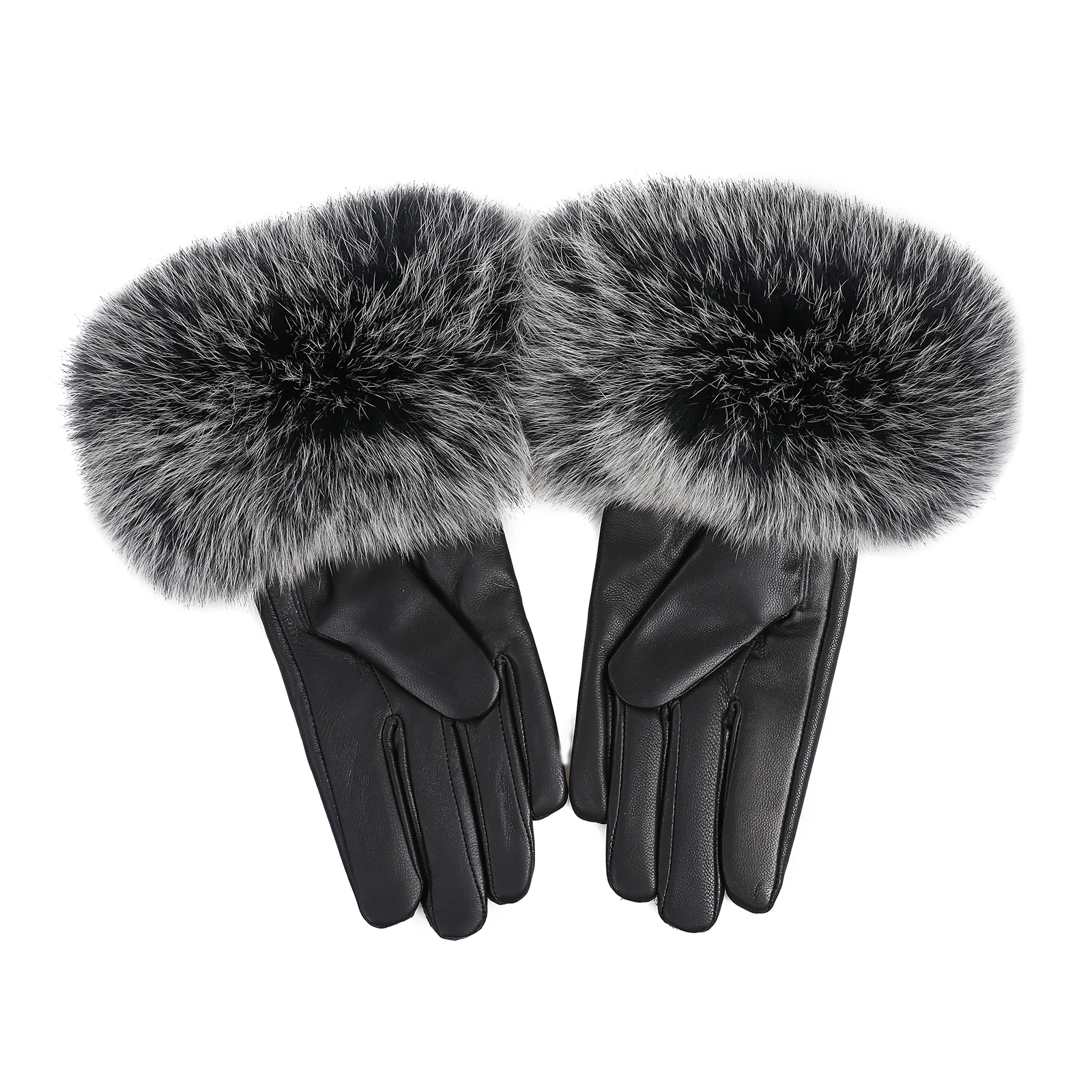 BOONJOVIA Women Genuine Lambskin Leather Gloves With Real Fox Fur Trim Cuff Winter Warm Driving Gloves-Velvet Lined