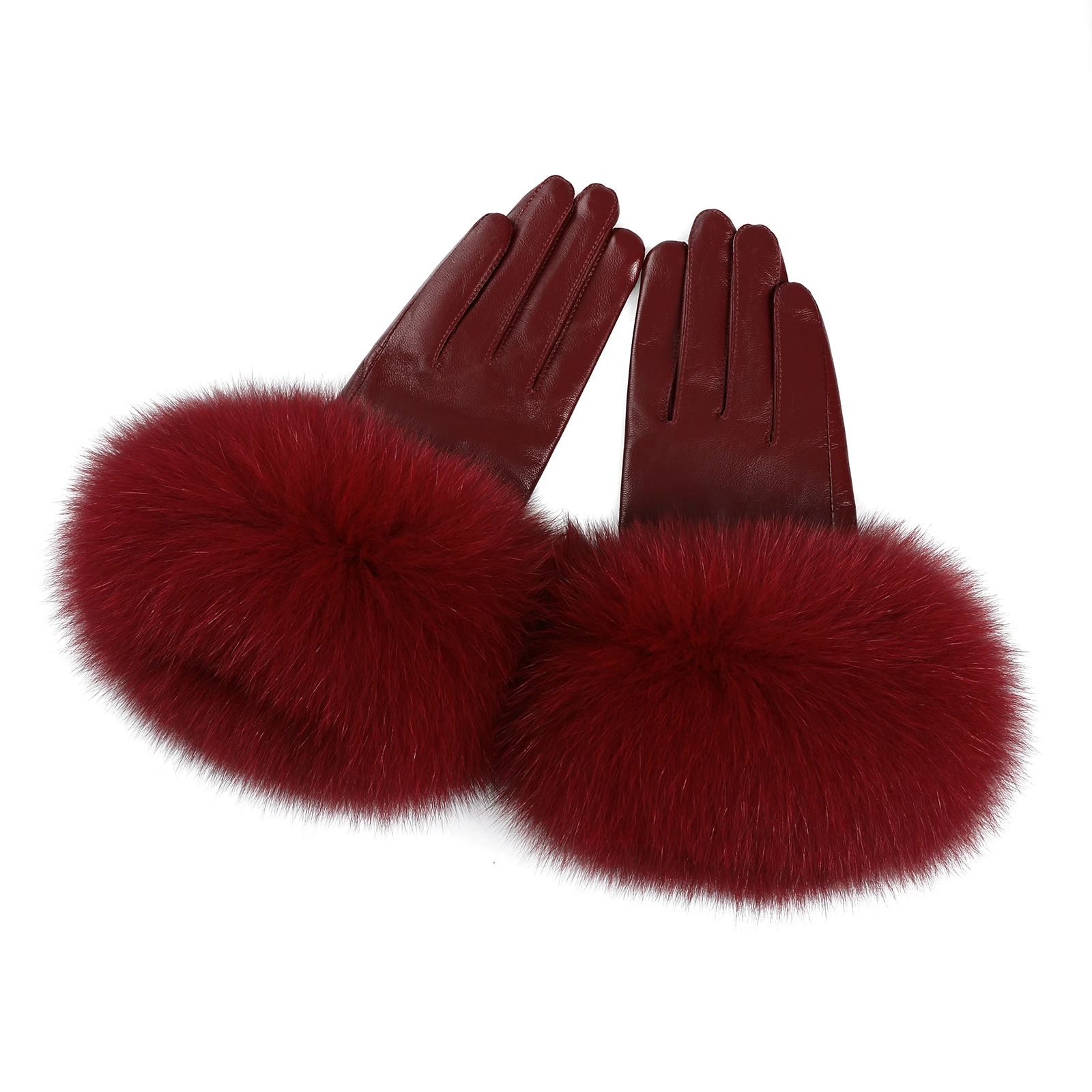 BOONJOVIA Women Genuine Lambskin Leather Gloves With Real Fox Fur Trim Cuff Winter Warm Driving Gloves-Velvet Lined
