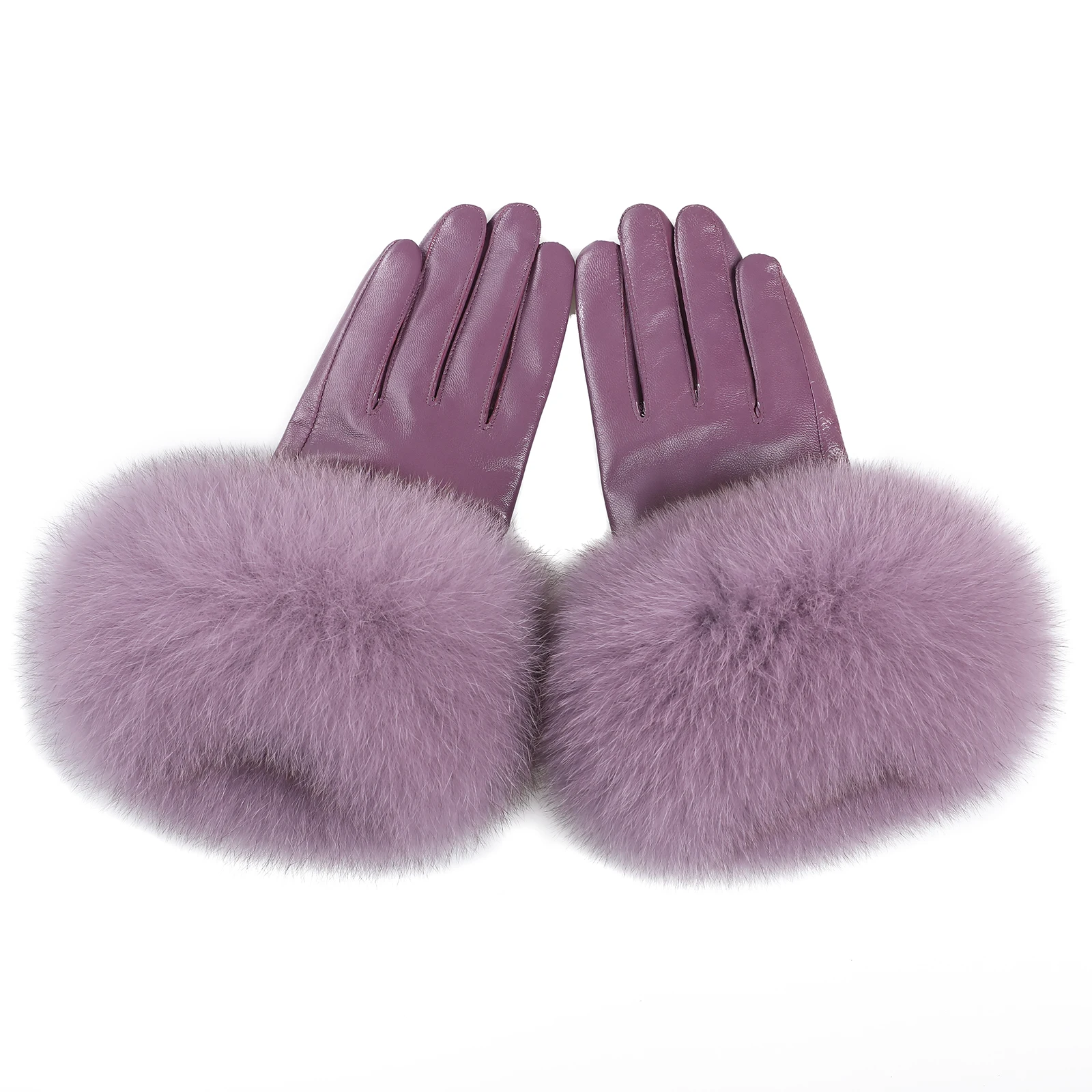 BOONJOVIA Women Genuine Lambskin Leather Gloves With Real Fox Fur Trim Cuff Winter Warm Driving Gloves-Velvet Lined