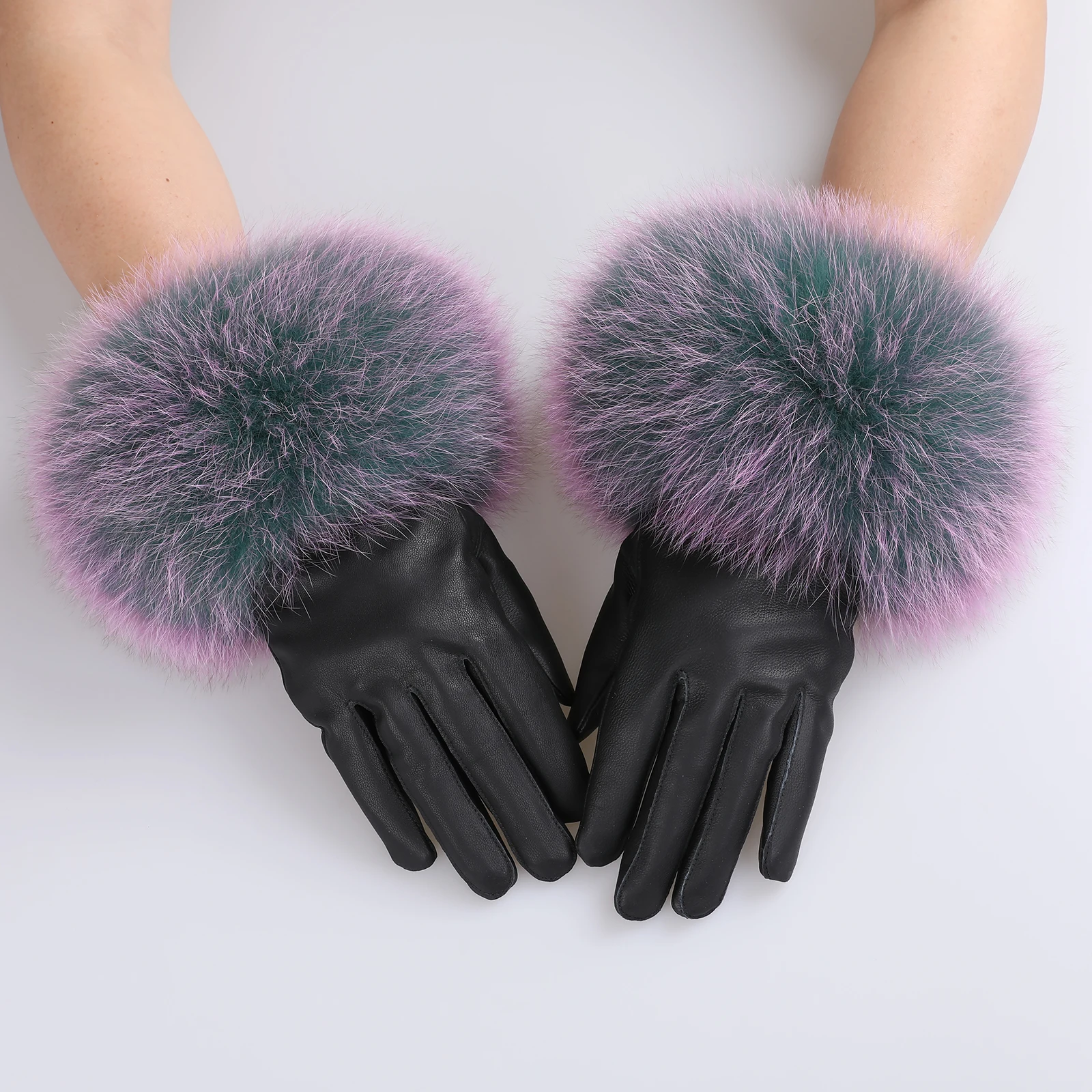 BOONJOVIA Women Genuine Lambskin Leather Gloves With Real Fox Fur Trim Cuff Winter Warm Driving Gloves-Velvet Lined