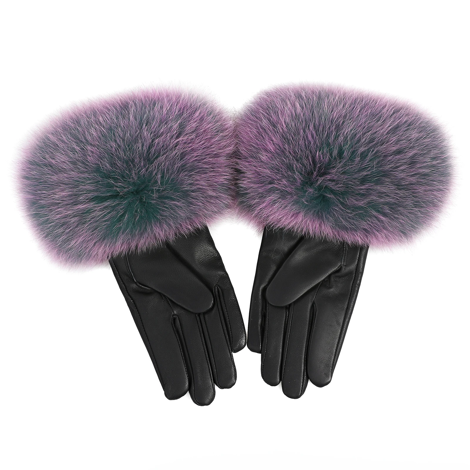 BOONJOVIA Women Genuine Lambskin Leather Gloves With Real Fox Fur Trim Cuff Winter Warm Driving Gloves-Velvet Lined