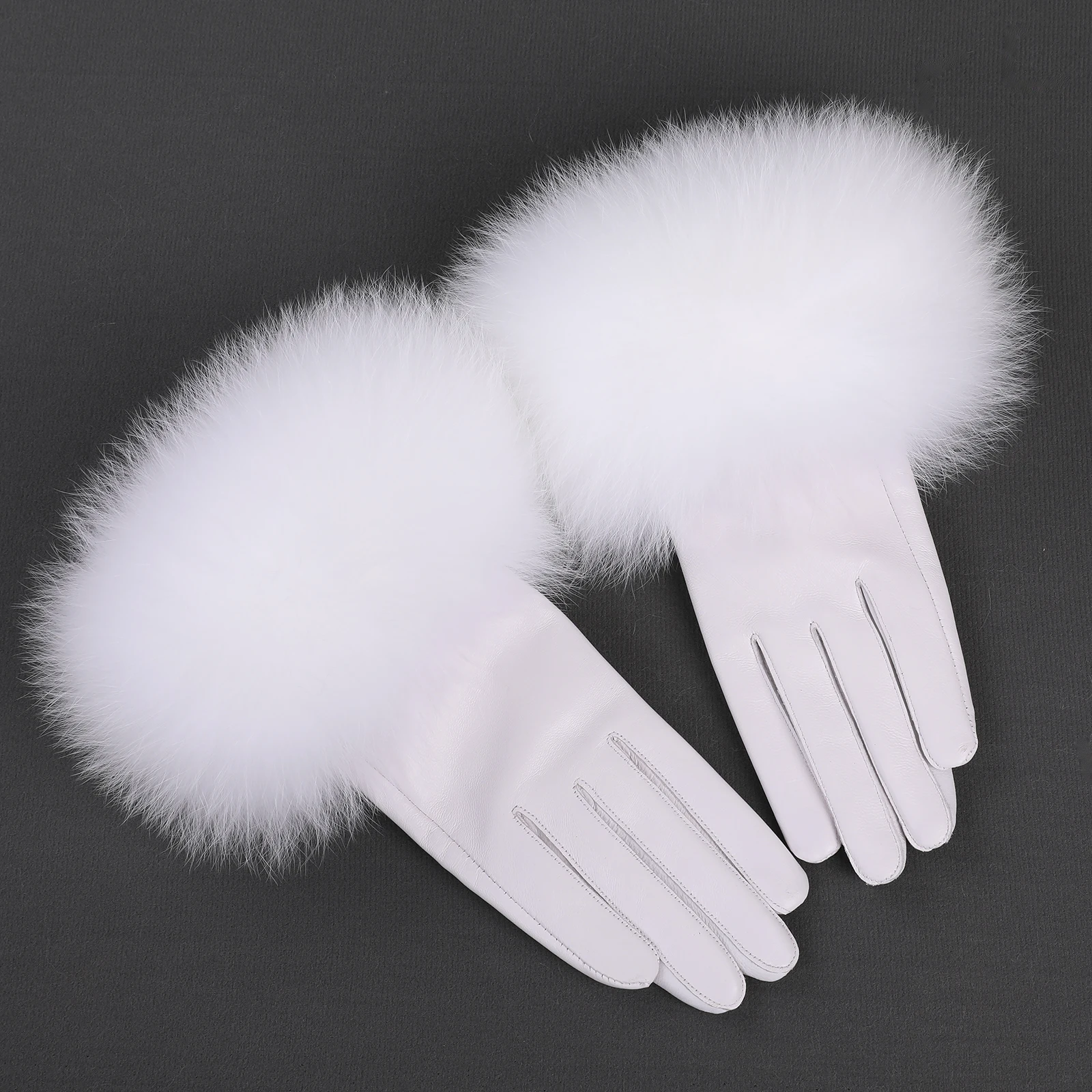 BOONJOVIA Women Genuine Lambskin Leather Gloves With Real Fox Fur Trim Cuff Winter Warm Driving Gloves-Velvet Lined