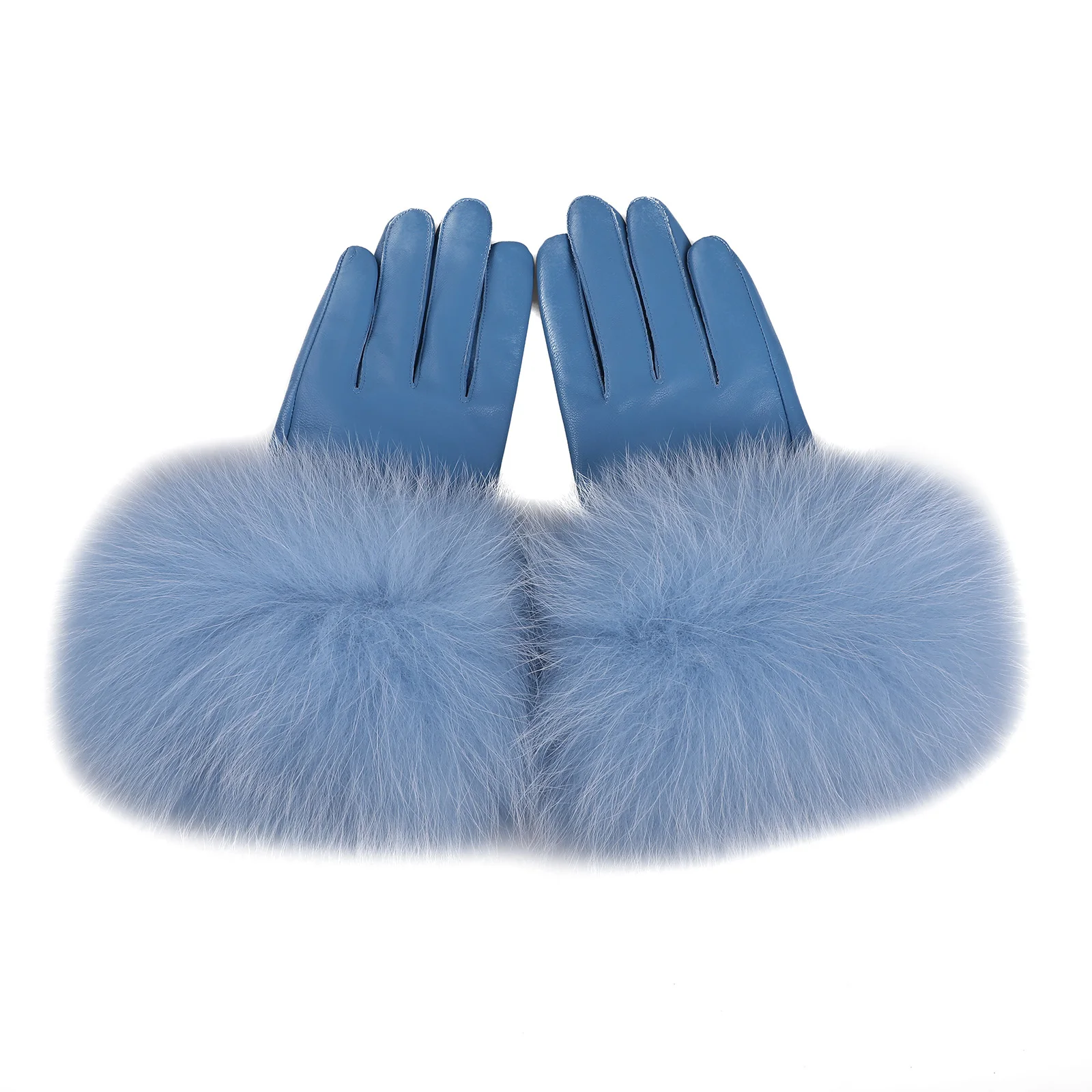 BOONJOVIA Women Genuine Lambskin Leather Gloves With Real Fox Fur Trim Cuff Winter Warm Driving Gloves-Velvet Lined