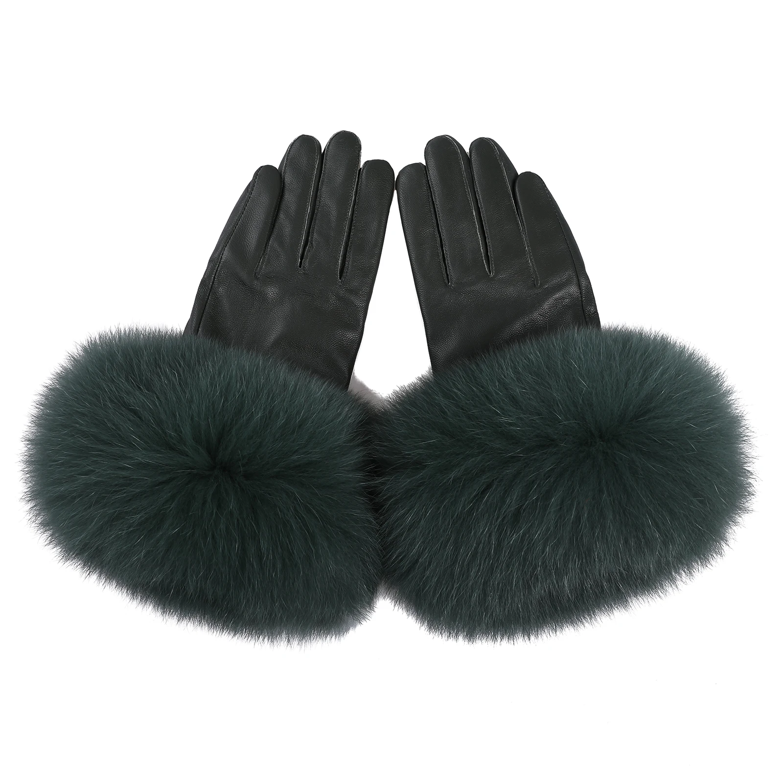 BOONJOVIA Women Genuine Lambskin Leather Gloves With Real Fox Fur Trim Cuff Winter Warm Driving Gloves-Velvet Lined