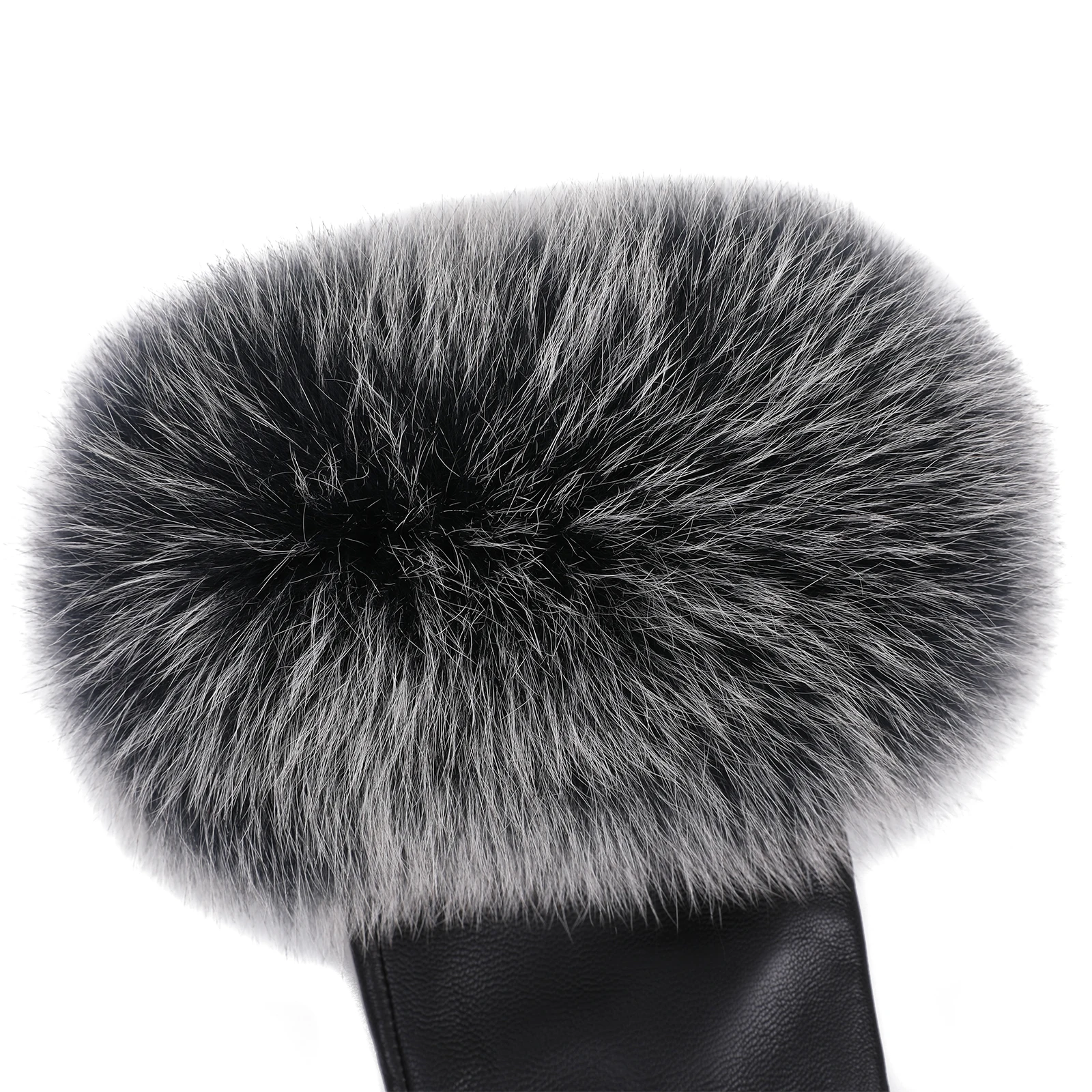 BOONJOVIA Women Genuine Lambskin Leather Gloves With Real Fox Fur Trim Cuff Winter Warm Driving Gloves-Velvet Lined