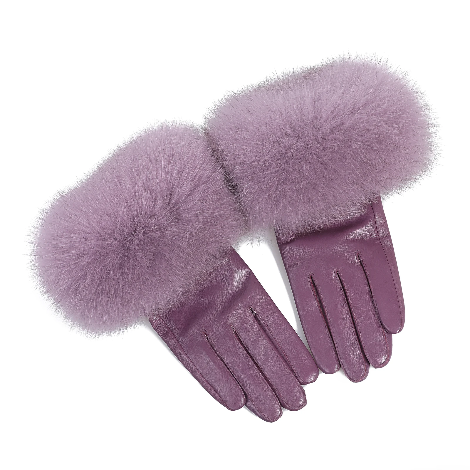 BOONJOVIA Women Genuine Lambskin Leather Gloves With Real Fox Fur Trim Cuff Winter Warm Driving Gloves-Velvet Lined