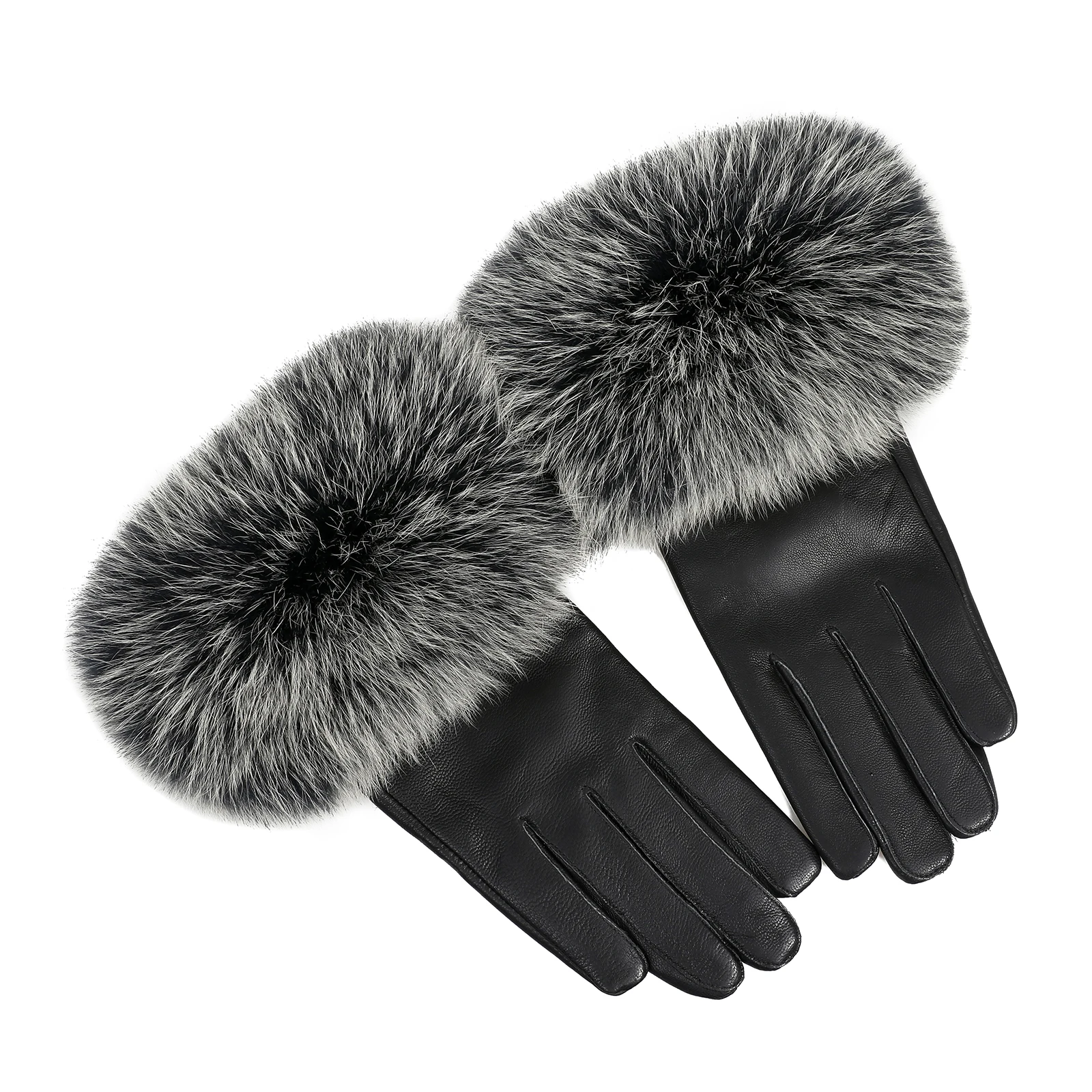 BOONJOVIA Women Genuine Lambskin Leather Gloves With Real Fox Fur Trim Cuff Winter Warm Driving Gloves-Velvet Lined