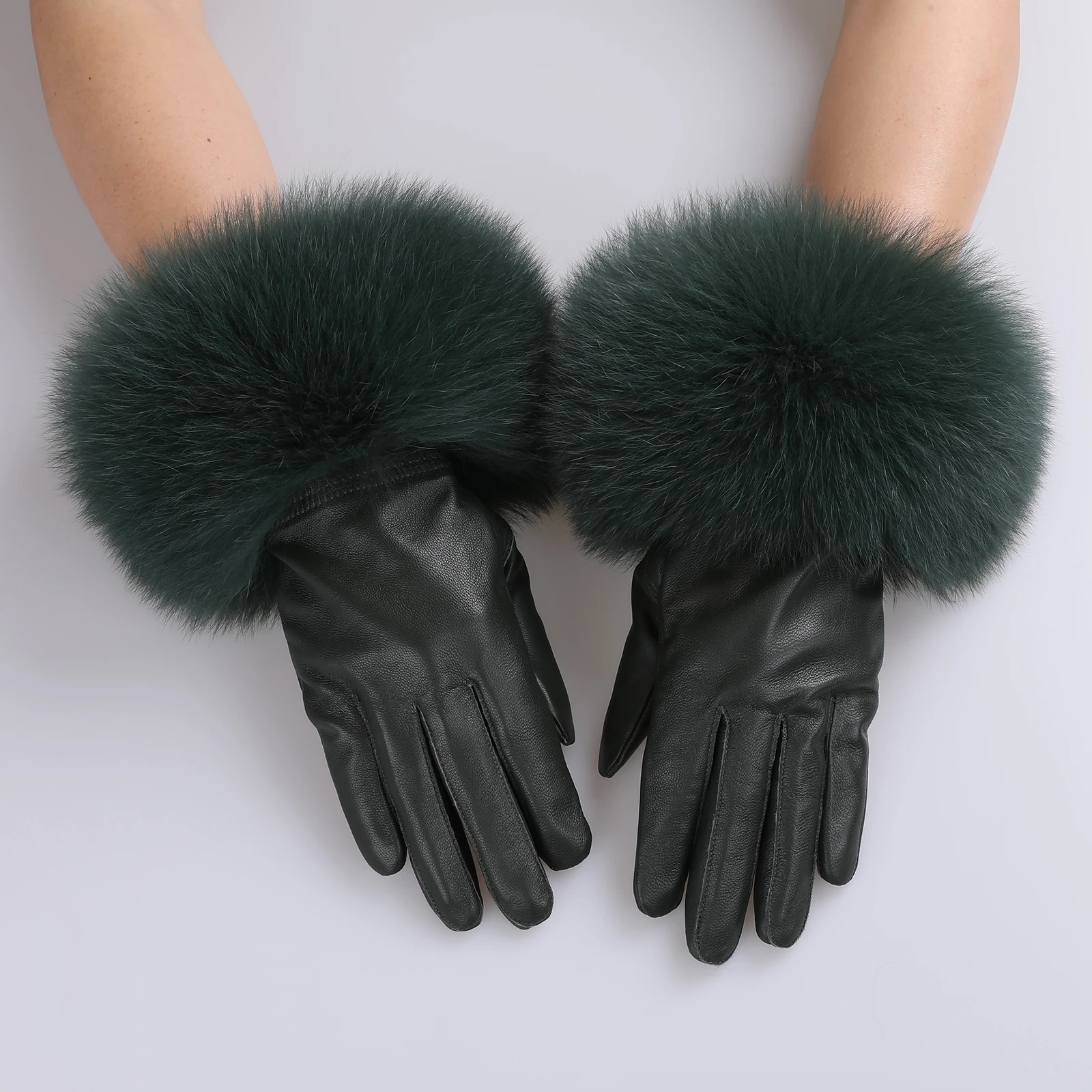 BOONJOVIA Women Genuine Lambskin Leather Gloves With Real Fox Fur Trim Cuff Winter Warm Driving Gloves-Velvet Lined
