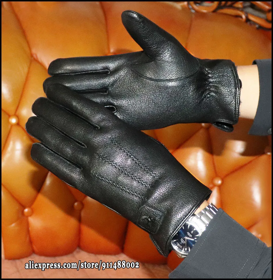 Deerskin Goatskin Gloves Men's and Women's Thick Wool Real Fur Touch Screen Natural Leather Winter Windproof Warm Fur Gloves