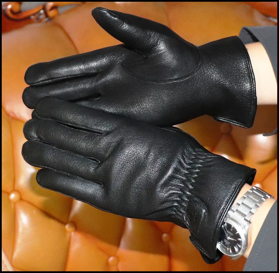 Deerskin Goatskin Gloves Men's and Women's Thick Wool Real Fur Touch Screen Natural Leather Winter Windproof Warm Fur Gloves