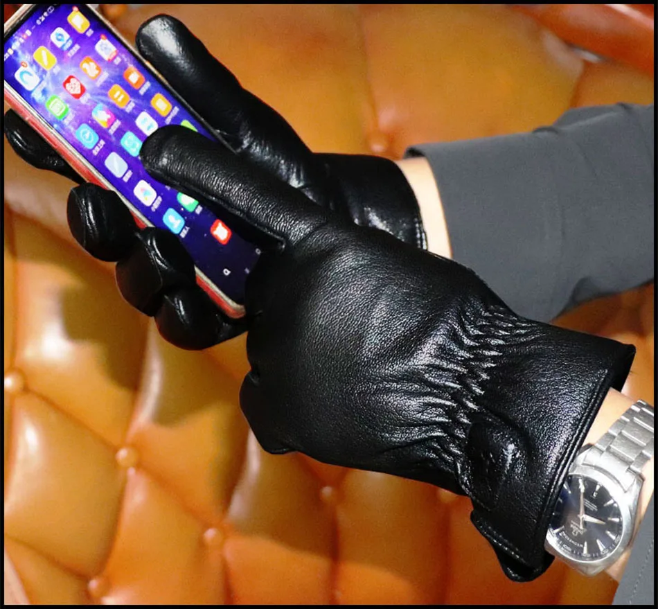 Deerskin Goatskin Gloves Men's and Women's Thick Wool Real Fur Touch Screen Natural Leather Winter Windproof Warm Fur Gloves