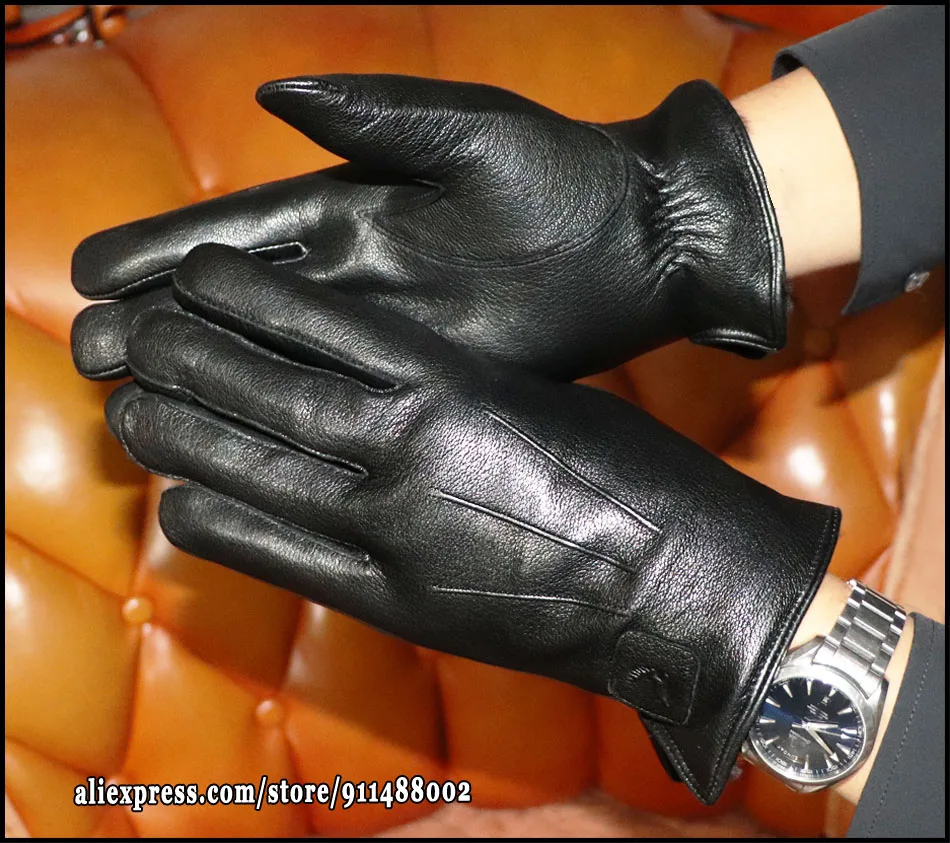 Deerskin Goatskin Gloves Men's and Women's Thick Wool Real Fur Touch Screen Natural Leather Winter Windproof Warm Fur Gloves