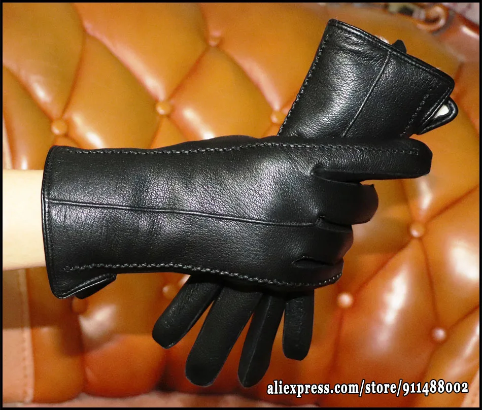 Deerskin Goatskin Gloves Men's and Women's Thick Wool Real Fur Touch Screen Natural Leather Winter Windproof Warm Fur Gloves