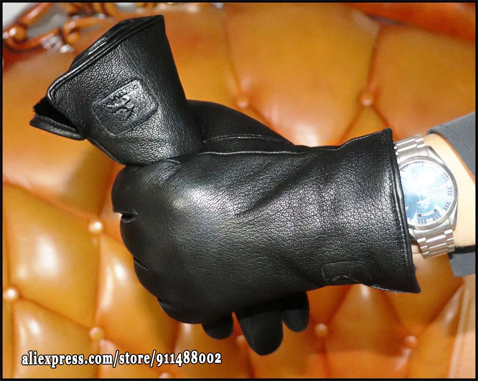 Deerskin Goatskin Gloves Men's and Women's Thick Wool Real Fur Touch Screen Natural Leather Winter Windproof Warm Fur Gloves