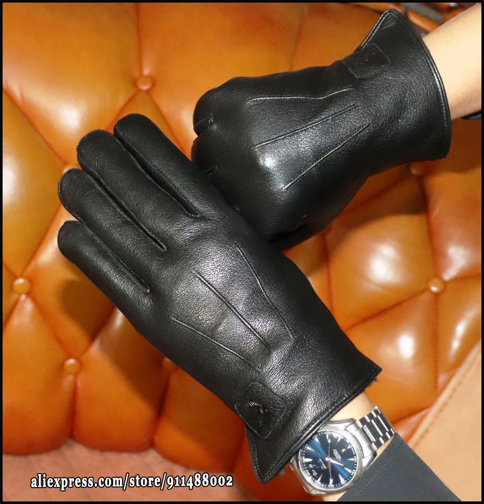 Deerskin Goatskin Gloves Men's and Women's Thick Wool Real Fur Touch Screen Natural Leather Winter Windproof Warm Fur Gloves
