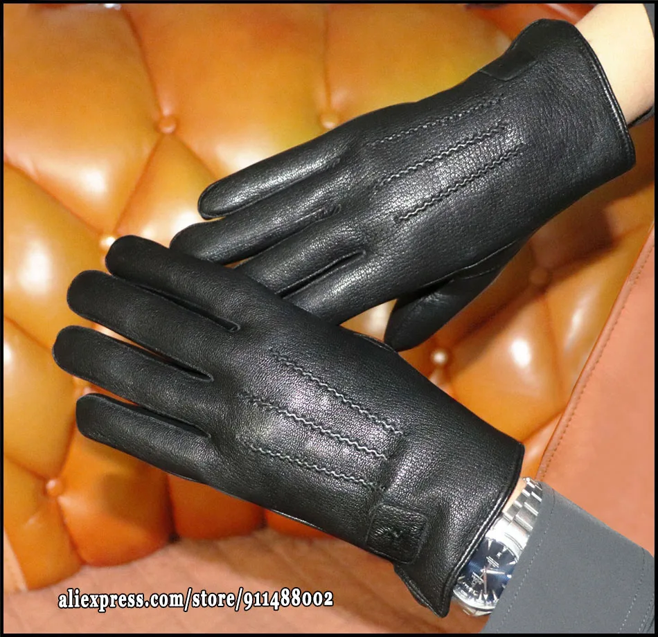 Deerskin Goatskin Gloves Men's and Women's Thick Wool Real Fur Touch Screen Natural Leather Winter Windproof Warm Fur Gloves