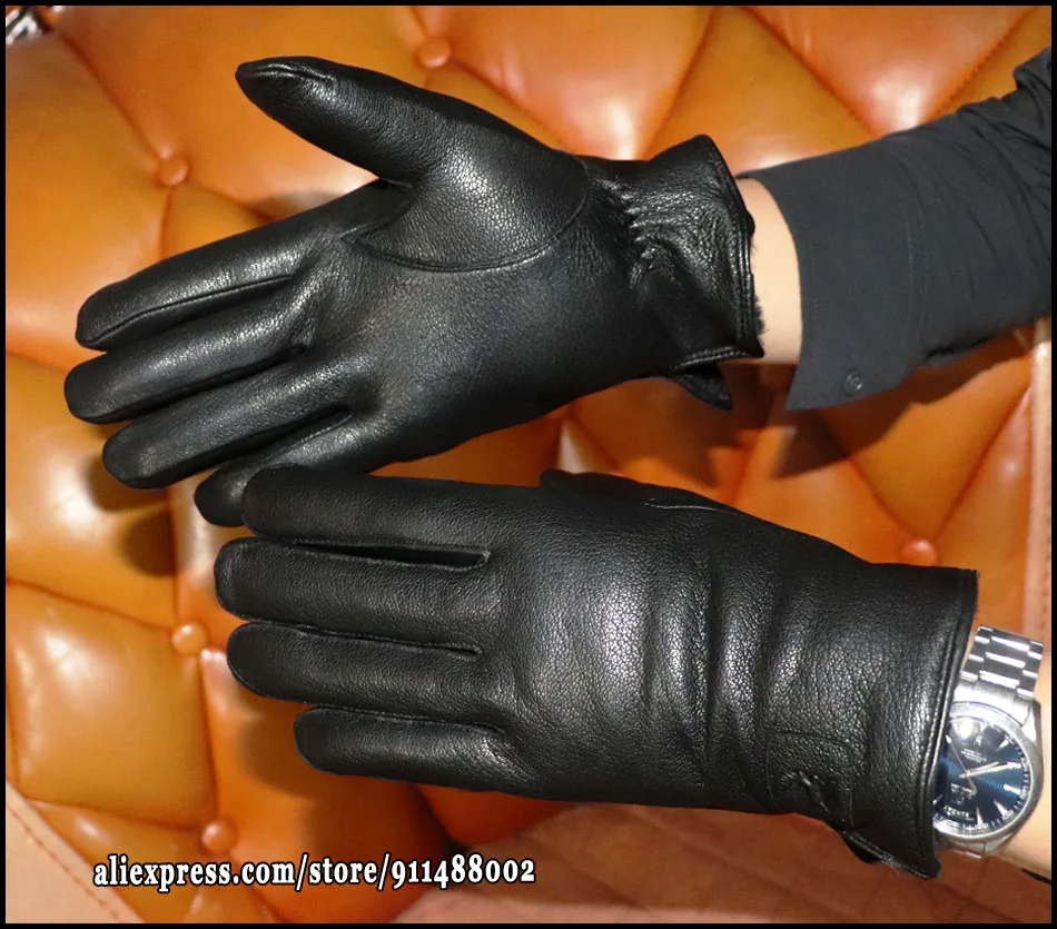 Deerskin Goatskin Gloves Men's and Women's Thick Wool Real Fur Touch Screen Natural Leather Winter Windproof Warm Fur Gloves