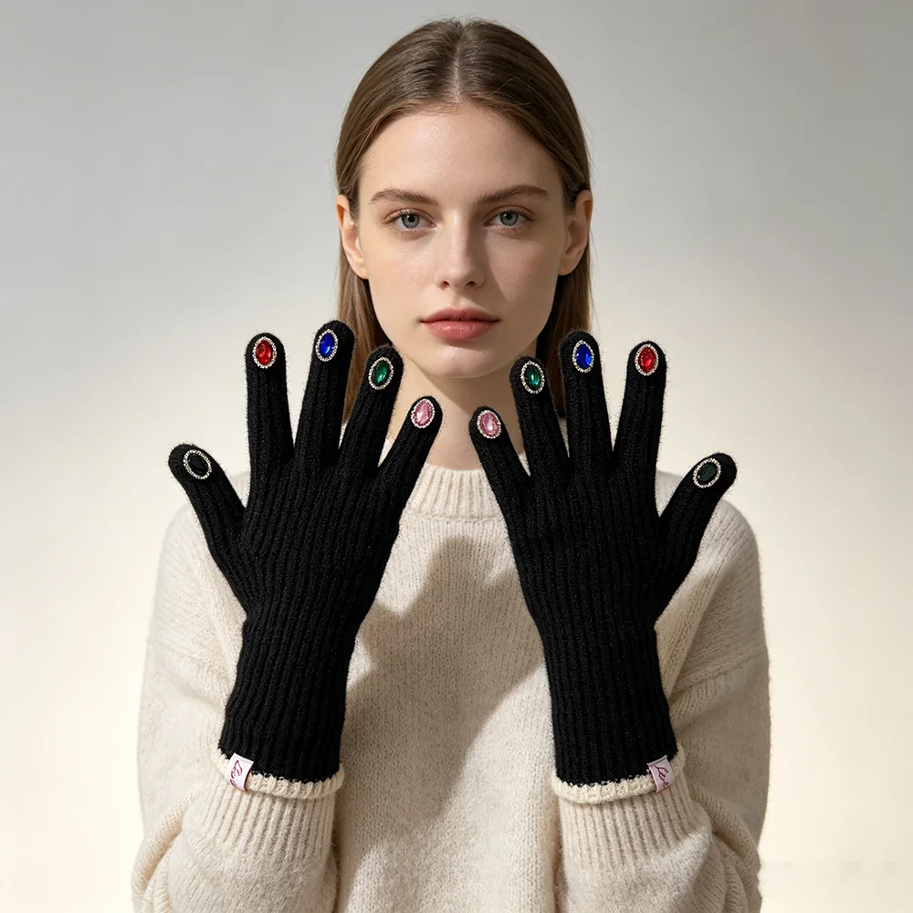 Luxury High Quality Rhinestone Solid Soft Extended Knitted Gloves Winter Warm Touch Screen Fashion Full Finger Women Mittens