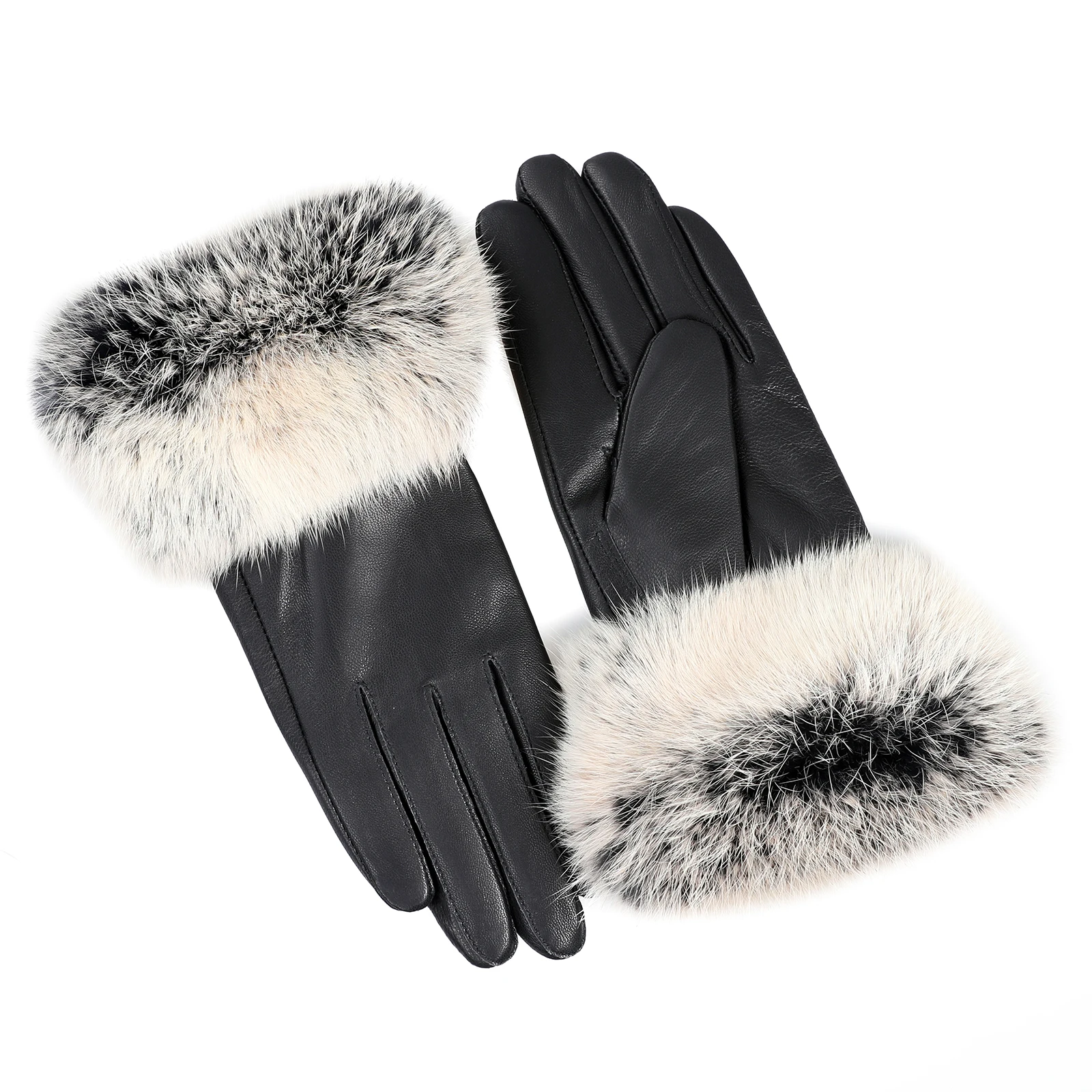BOONJOVIA Women's Genuine Leather Gloves with Rabbit Fur Trim Cuff Velvet Lined for Cold Weather Driving