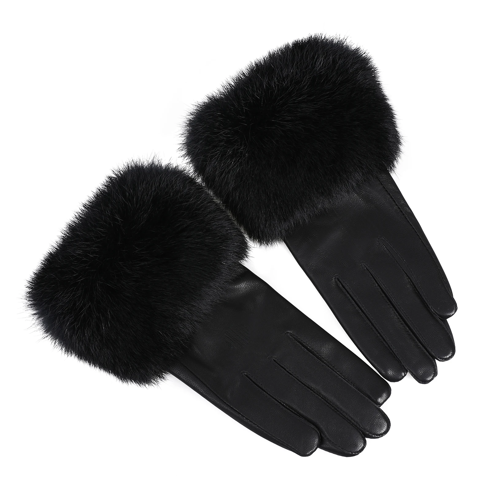 BOONJOVIA Women's Genuine Leather Gloves with Rabbit Fur Trim Cuff Velvet Lined for Cold Weather Driving