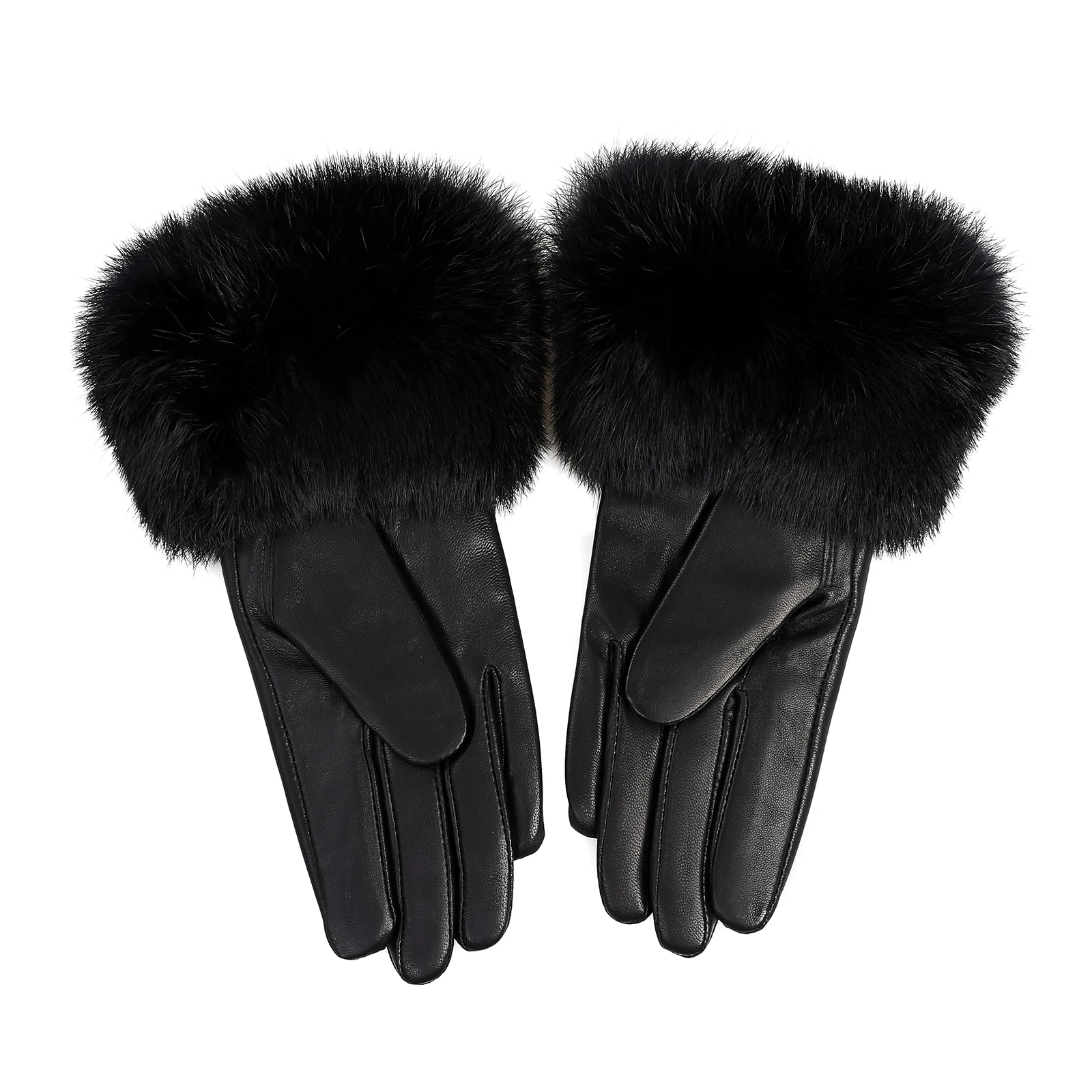 BOONJOVIA Women's Genuine Leather Gloves with Rabbit Fur Trim Cuff Velvet Lined for Cold Weather Driving