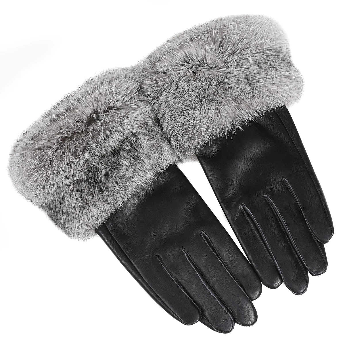BOONJOVIA Women's Genuine Leather Gloves with Rabbit Fur Trim Cuff Velvet Lined for Cold Weather Driving