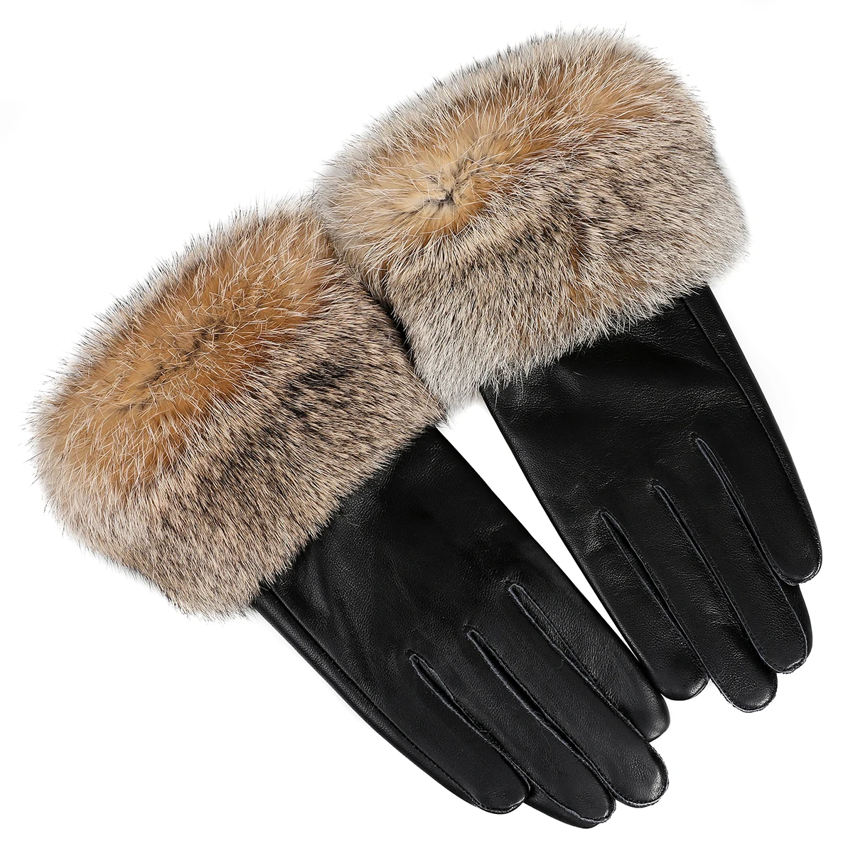 BOONJOVIA Women's Genuine Leather Gloves with Rabbit Fur Trim Cuff Velvet Lined for Cold Weather Driving