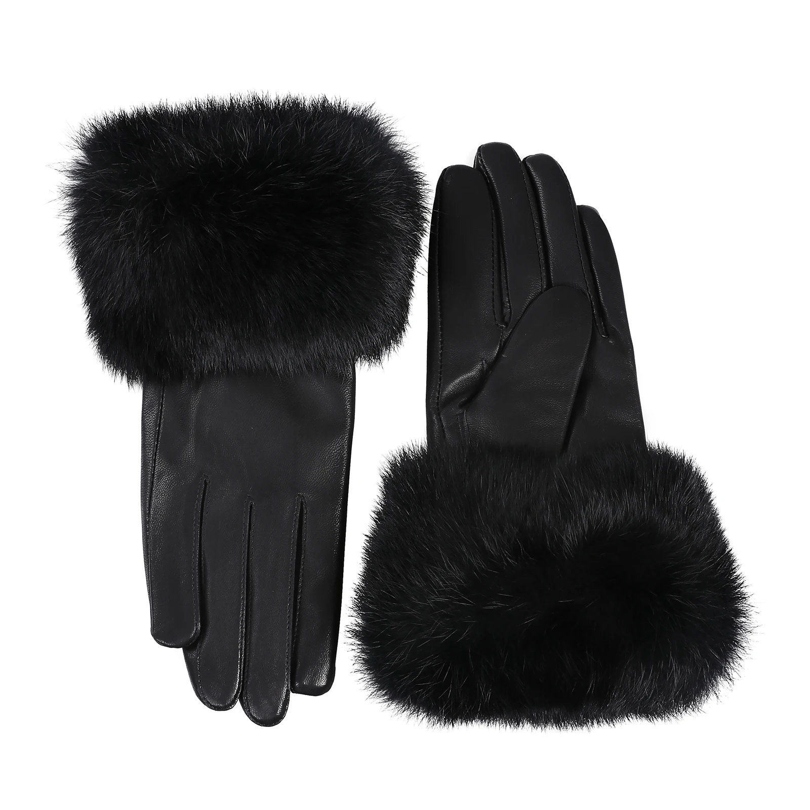 BOONJOVIA Women's Genuine Leather Gloves with Rabbit Fur Trim Cuff Velvet Lined for Cold Weather Driving