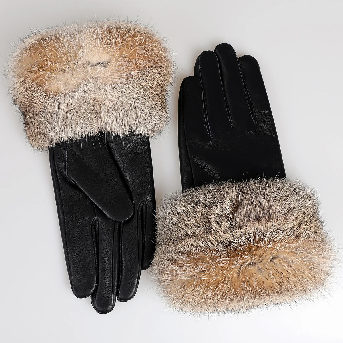 BOONJOVIA Women's Genuine Leather Gloves with Rabbit Fur Trim Cuff Velvet Lined for Cold Weather Driving