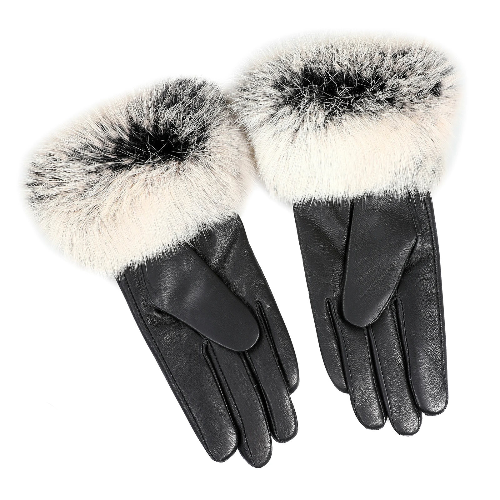 BOONJOVIA Women's Genuine Leather Gloves with Rabbit Fur Trim Cuff Velvet Lined for Cold Weather Driving