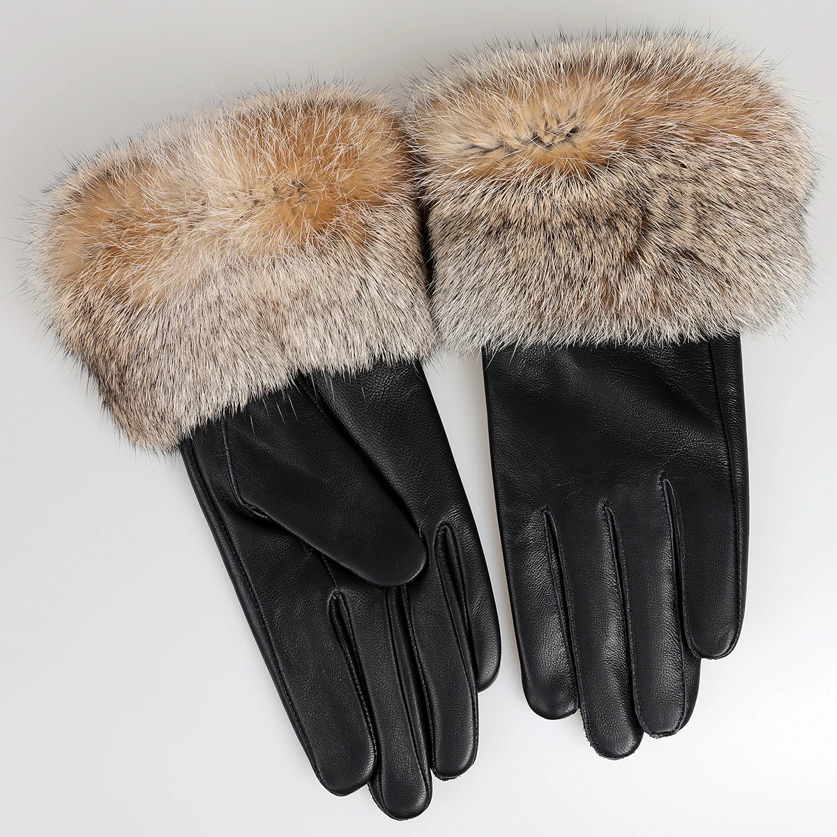 BOONJOVIA Women's Genuine Leather Gloves with Rabbit Fur Trim Cuff Velvet Lined for Cold Weather Driving