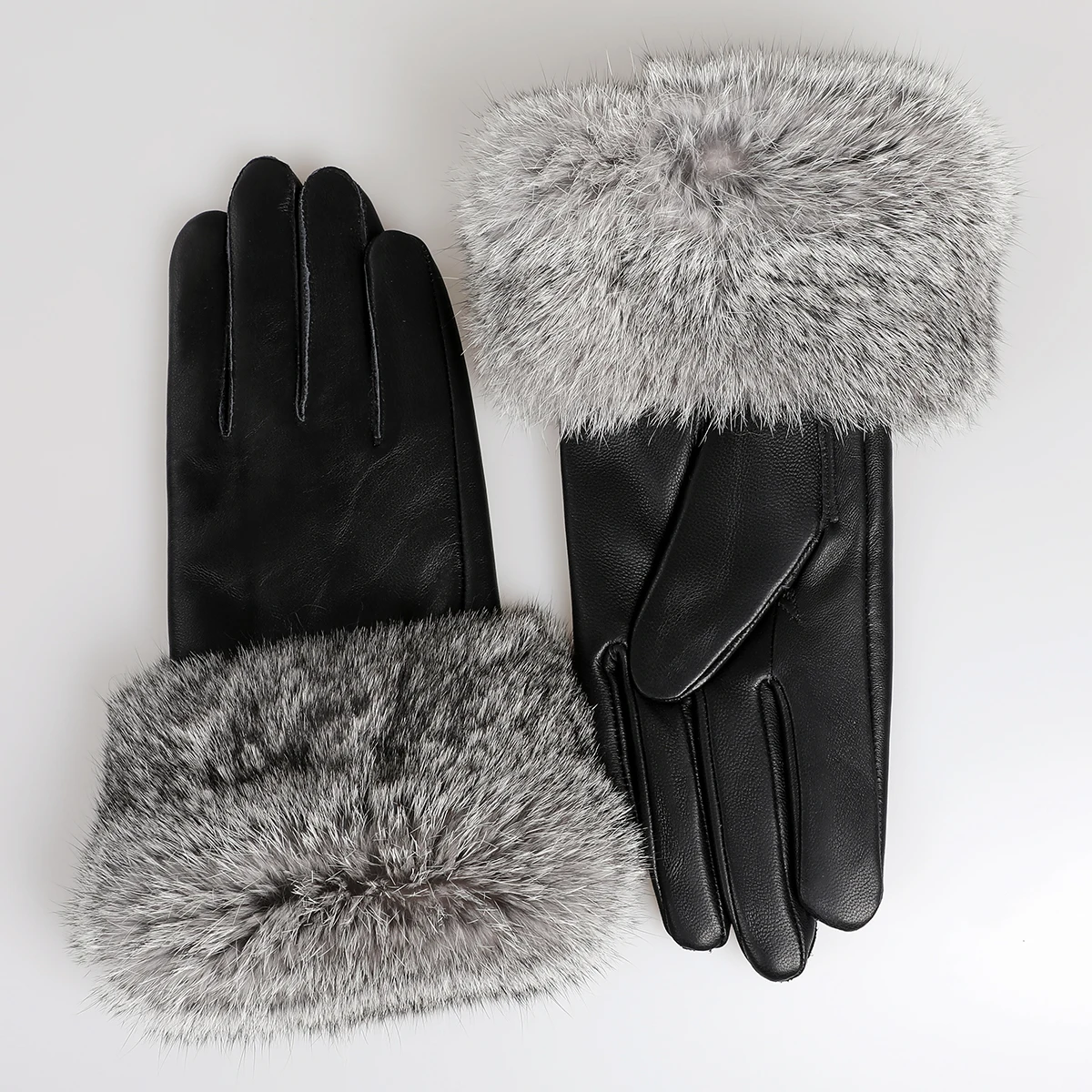 BOONJOVIA Women's Genuine Leather Gloves with Rabbit Fur Trim Cuff Velvet Lined for Cold Weather Driving