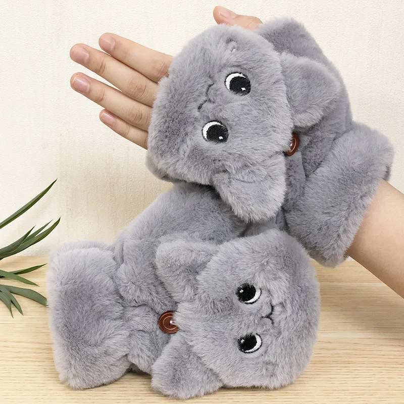 Lovely Plush Cat Mittens Fingerless Gloves Women Winter Warm Rabbit Fur Knit Mittens Flip Half Finger Gloves for Cycling Driving