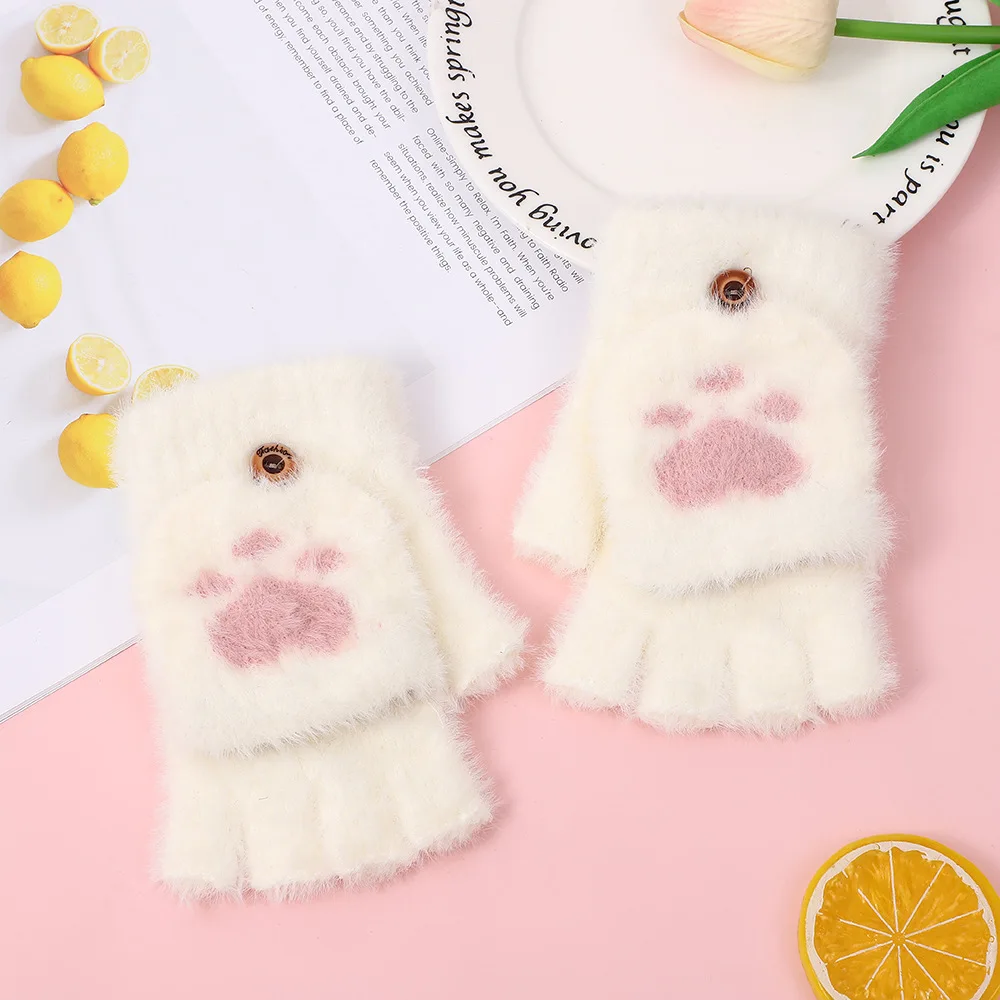 Lovely Plush Cat Mittens Fingerless Gloves Women Winter Warm Rabbit Fur Knit Mittens Flip Half Finger Gloves for Cycling Driving