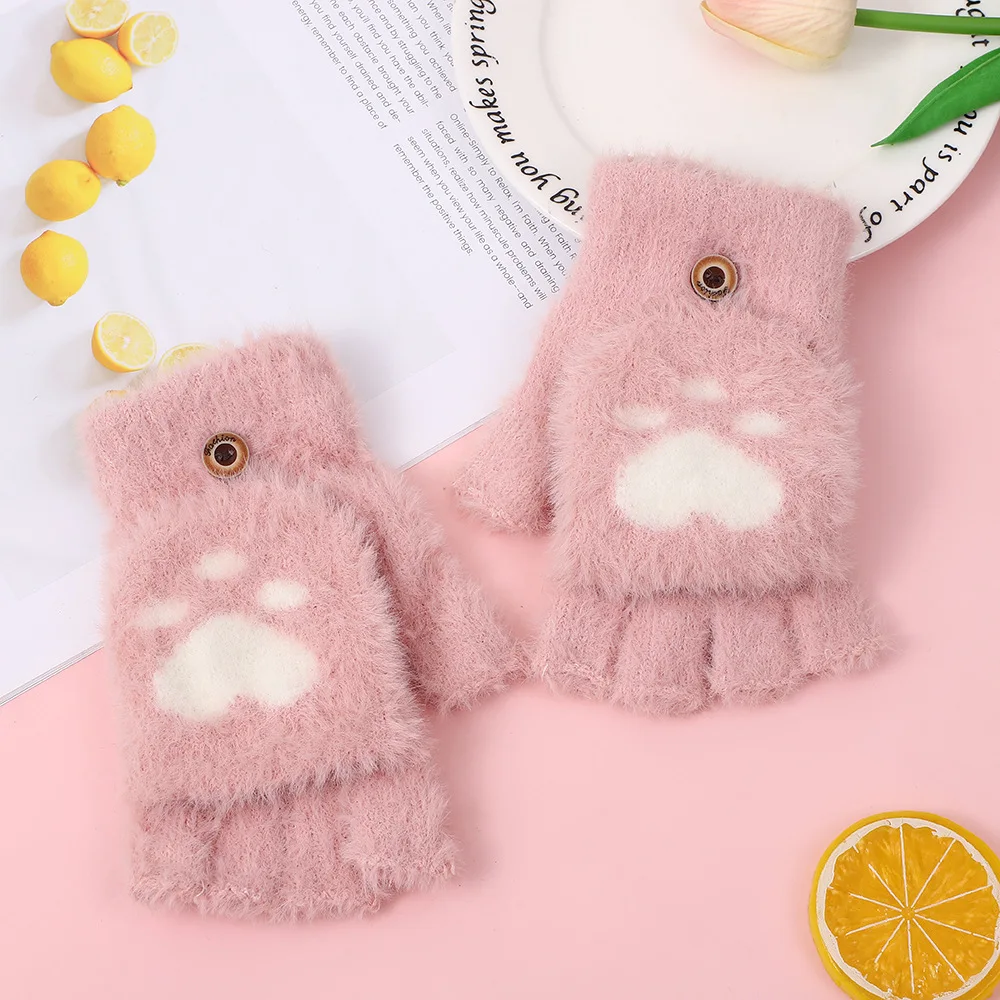 Lovely Plush Cat Mittens Fingerless Gloves Women Winter Warm Rabbit Fur Knit Mittens Flip Half Finger Gloves for Cycling Driving