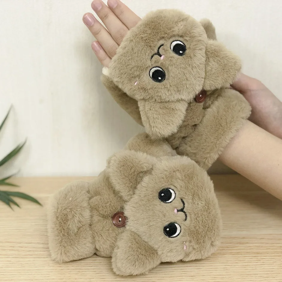Lovely Plush Cat Mittens Fingerless Gloves Women Winter Warm Rabbit Fur Knit Mittens Flip Half Finger Gloves for Cycling Driving