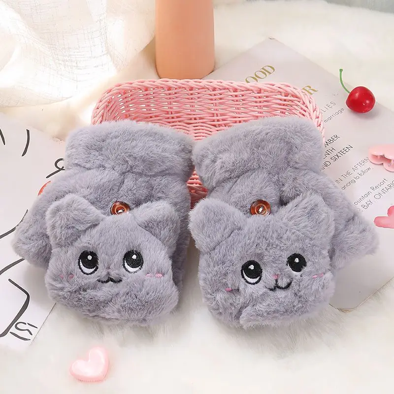 Lovely Plush Cat Mittens Fingerless Gloves Women Winter Warm Rabbit Fur Knit Mittens Flip Half Finger Gloves for Cycling Driving