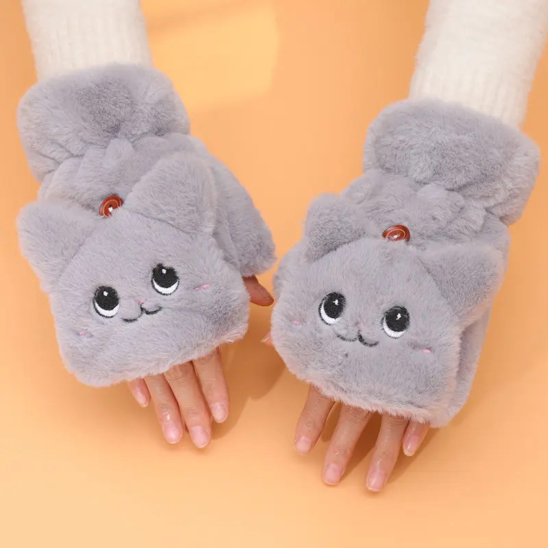 Lovely Plush Cat Mittens Fingerless Gloves Women Winter Warm Rabbit Fur Knit Mittens Flip Half Finger Gloves for Cycling Driving