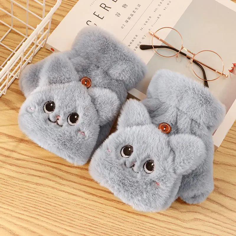 Lovely Plush Cat Mittens Fingerless Gloves Women Winter Warm Rabbit Fur Knit Mittens Flip Half Finger Gloves for Cycling Driving