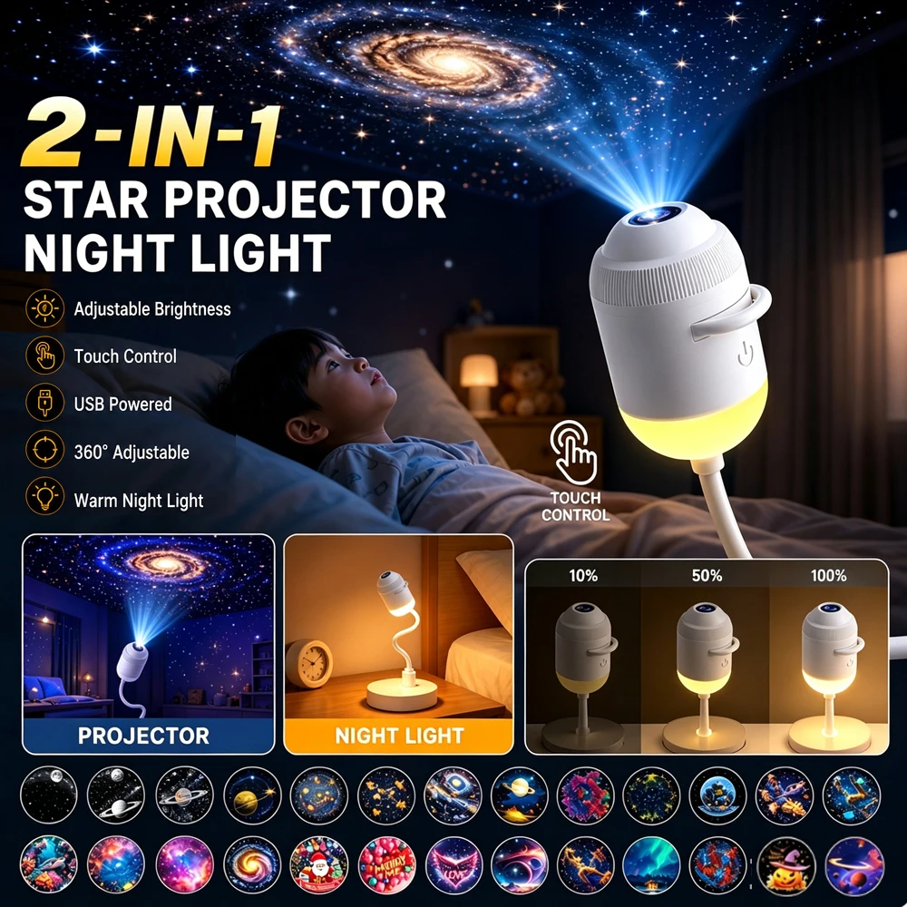2-in-1 Night Light And Star Projector USB Starry Sky Projector Lamp with Clear Image Adjustable Brightness Touch Control Lamp