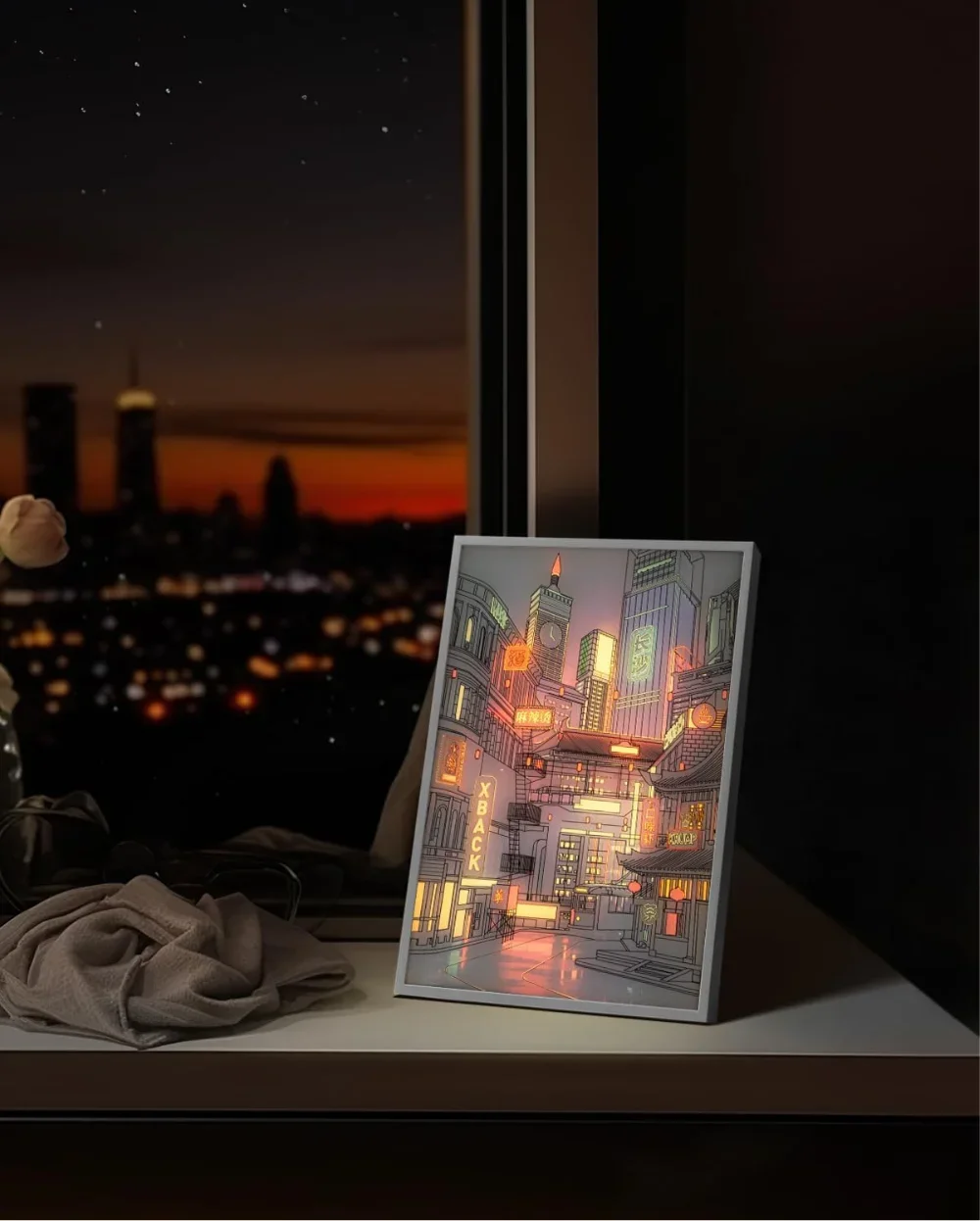 Anime LED Beautiful City Night View Light Painting,HD Picture Narrow Bezel USB Plug Dimming Romantic Home Decorations Night Lamp