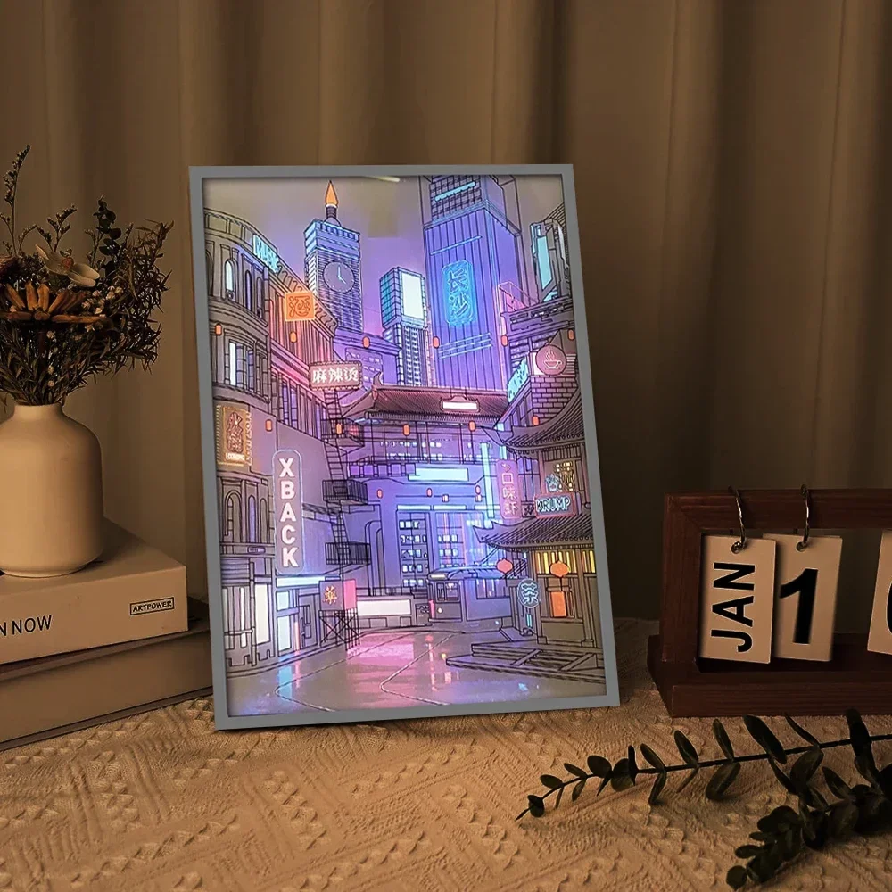 Anime LED Beautiful City Night View Light Painting,HD Picture Narrow Bezel USB Plug Dimming Romantic Home Decorations Night Lamp